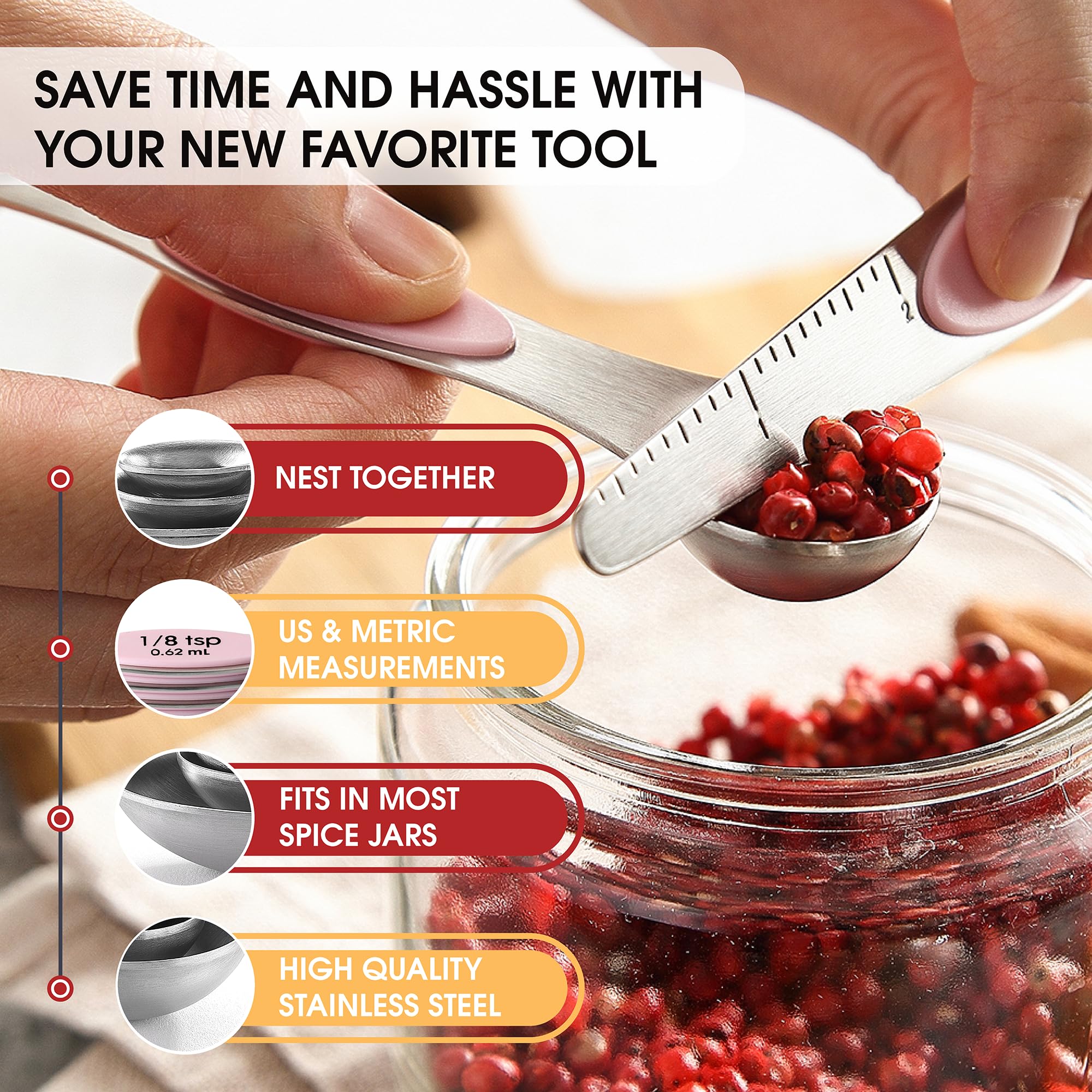 Spring Chef Stainless Steel Magnetic Measuring Spoons Set Of 8 With Leveler, Dual Sided Teaspoon & Tablespoon Measuring Spoons W