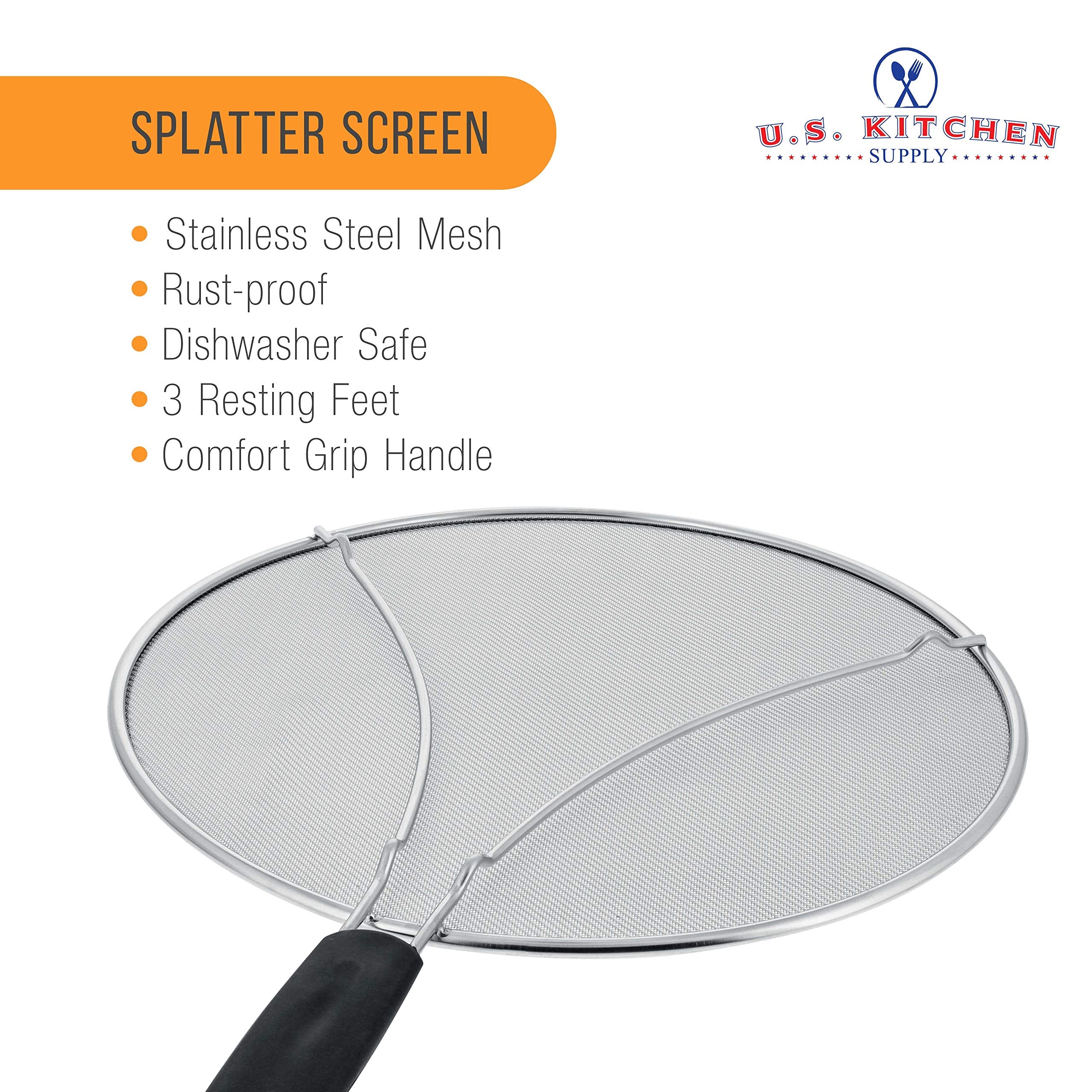U.S. Kitchen Supply 13 Stainless Steel Fine Mesh Splatter Screen With Resting Feet & Black Comfort Grip Handle
