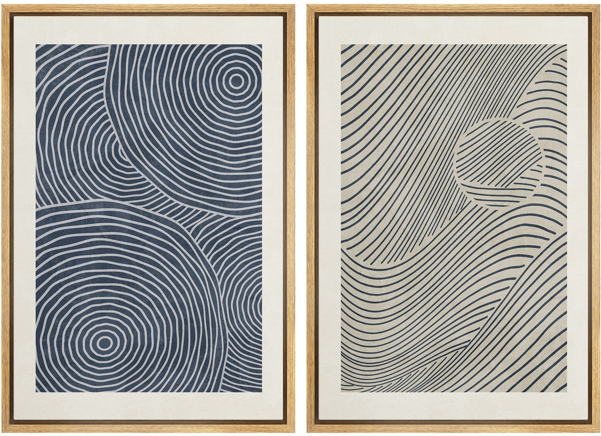 Signwin Framed Canvas Print Wall Art Set Blue Black 3D Wave Nordic Geometric Landscape Abstract Shapes Illustrations Minimal Dec