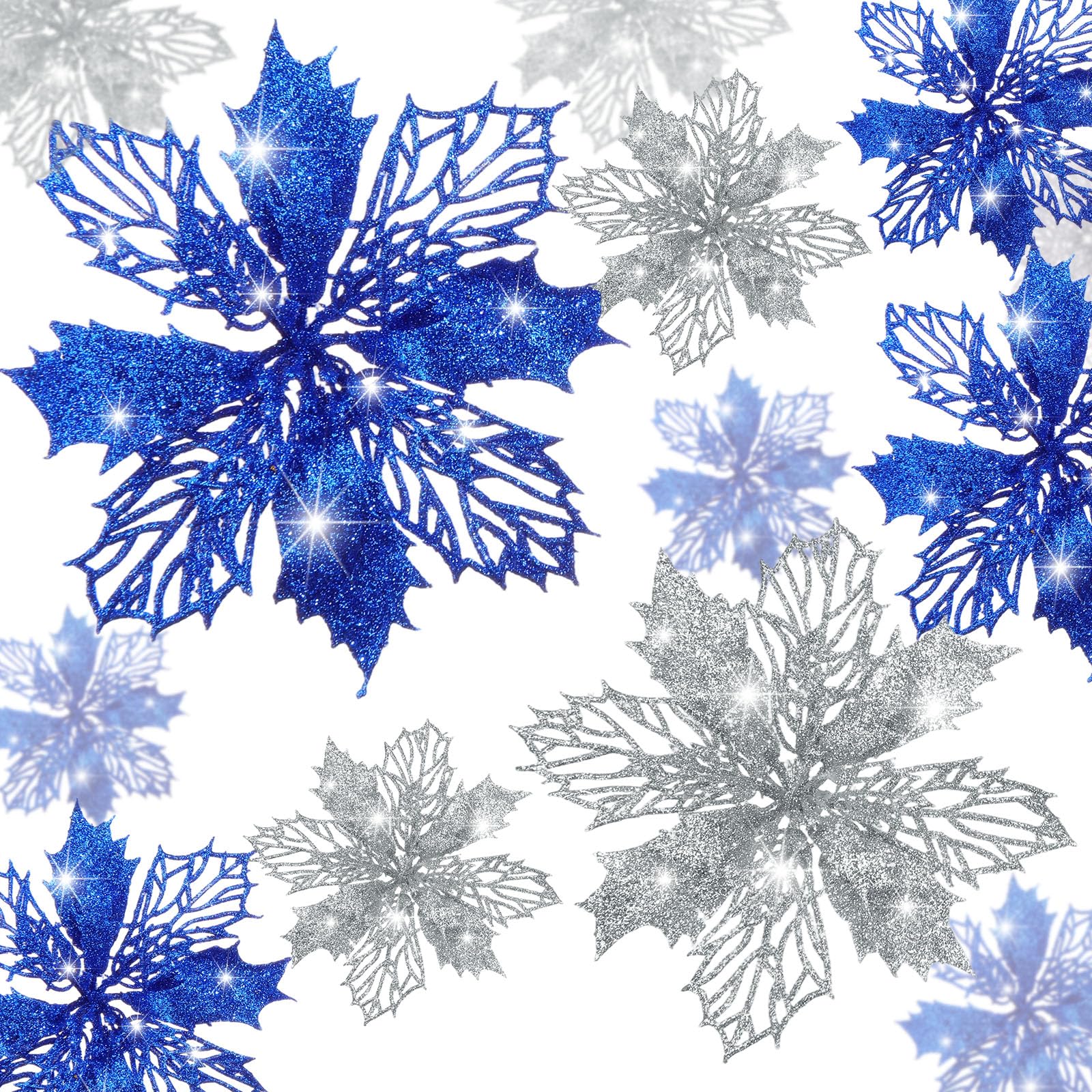 Boao 24 Pieces Blue and Silver Christmas Poinsettia Flowers Glitter with Clips Christmas Ornaments Decorations for Tree Artifici