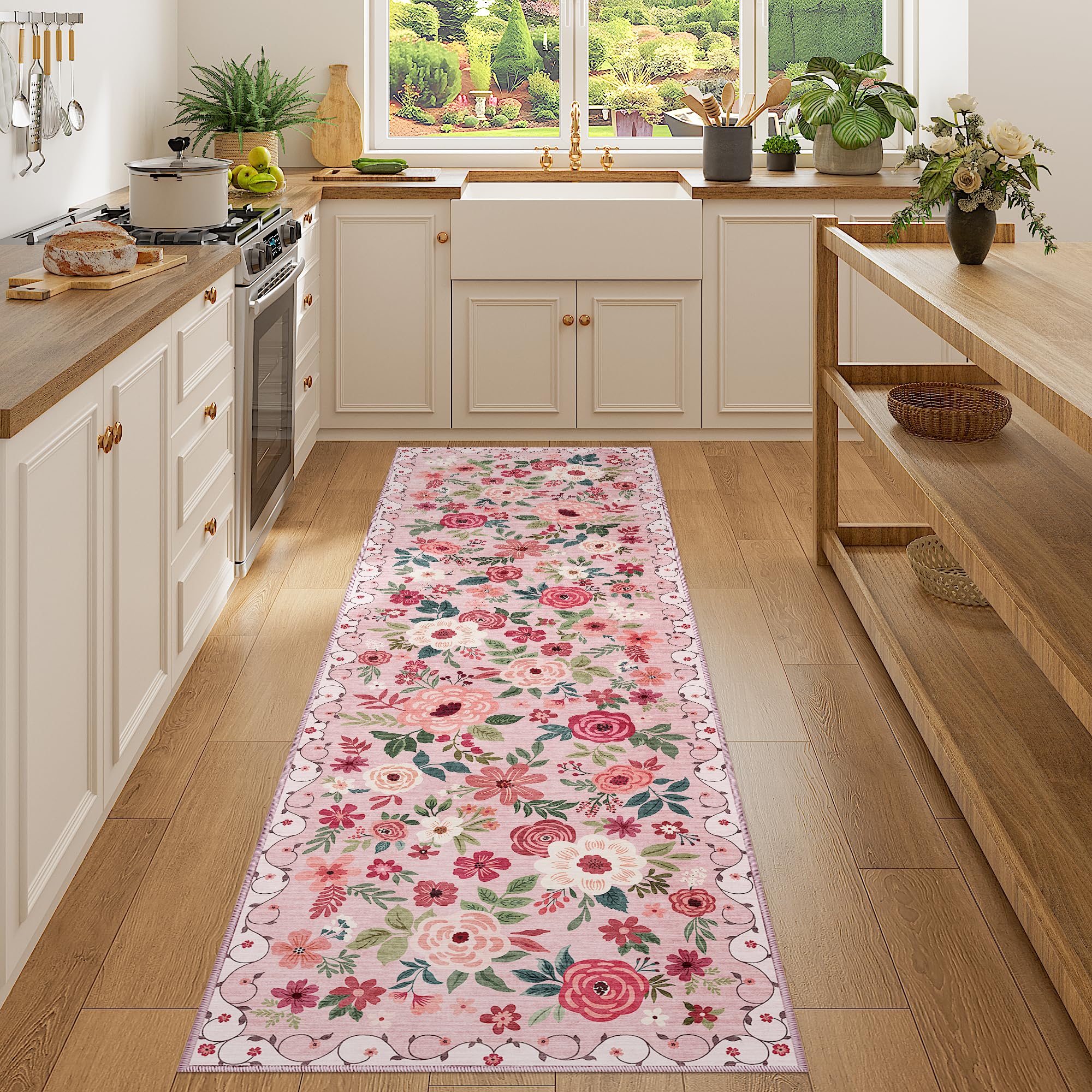 DUKINO Runner Rug, 2x7 Boho Kitchen Rug for Hallways with Low Pile Design, Washable Non Slip Backing Soft Floral Runner for Kitc