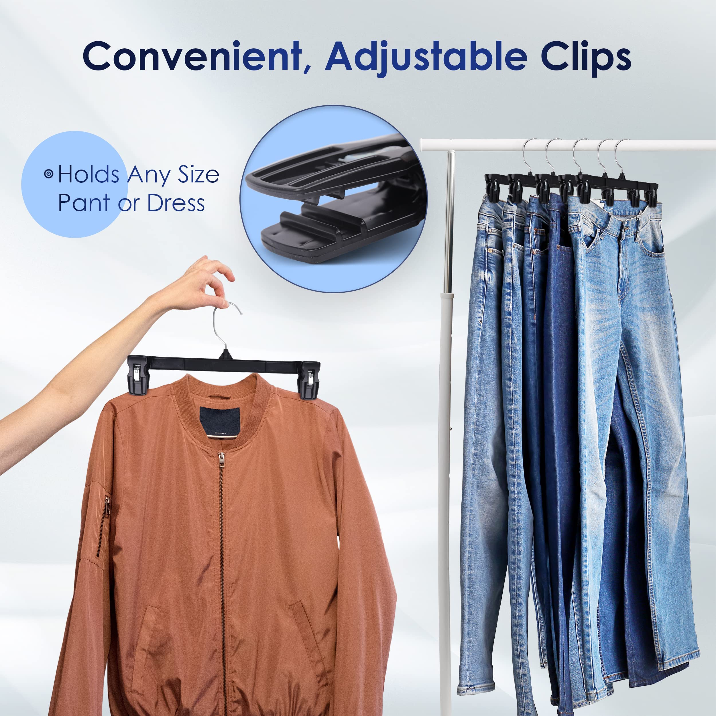 Hanger Central 30 Pack Space Saving Heavy Duty Slim Plastic Pants  Skirts  Shorts Hangers  Ridged Non-Slip with Pinch Clips  360-Rotating Chrome Swivel Hook  in Black  10 Inches