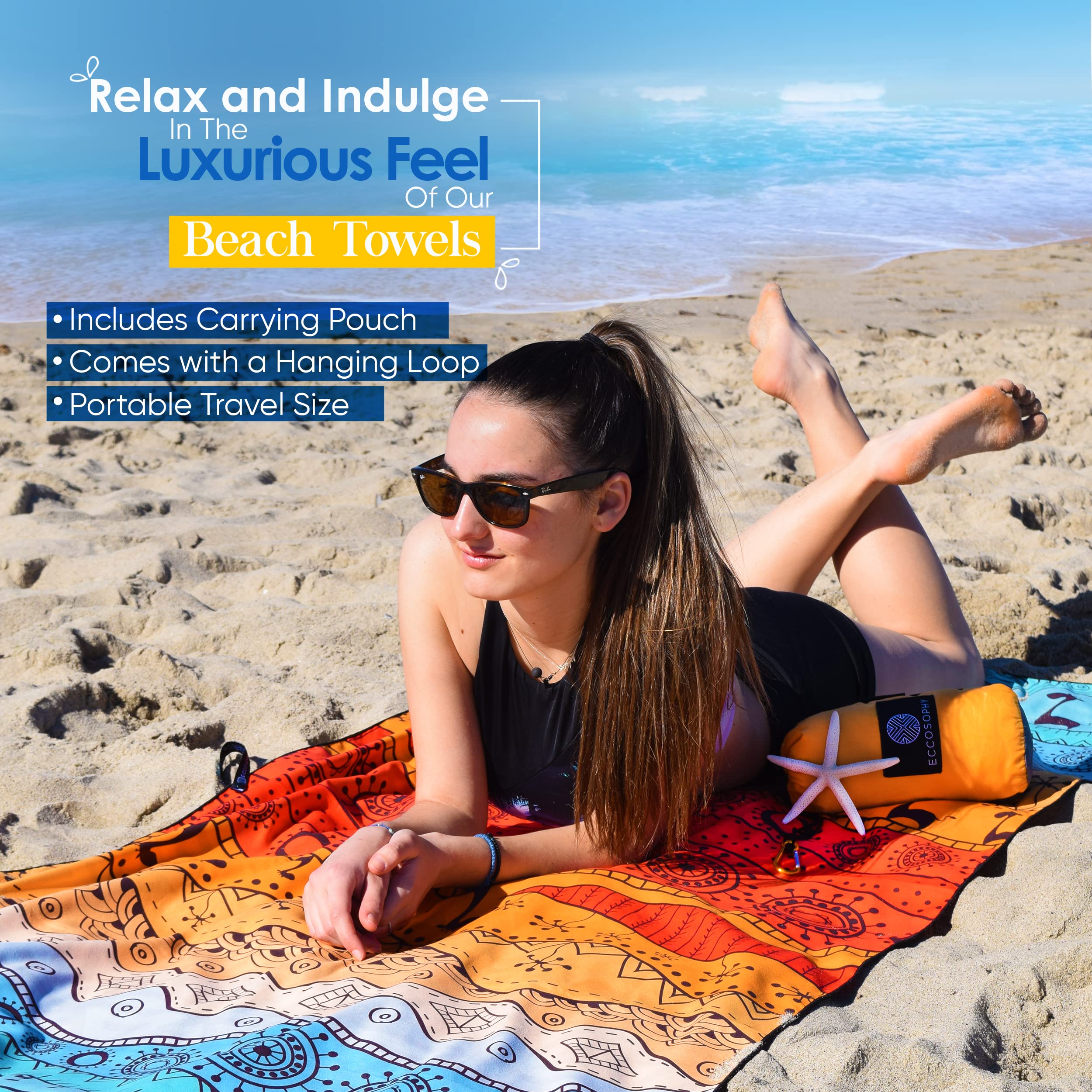 ECCOSOPHY Microfiber Beach Towel for Adults - Quick Dry  Oversized Sand Free Pool Towel with Pouch For Travel (Marrakesh)  Large  71x35 inch