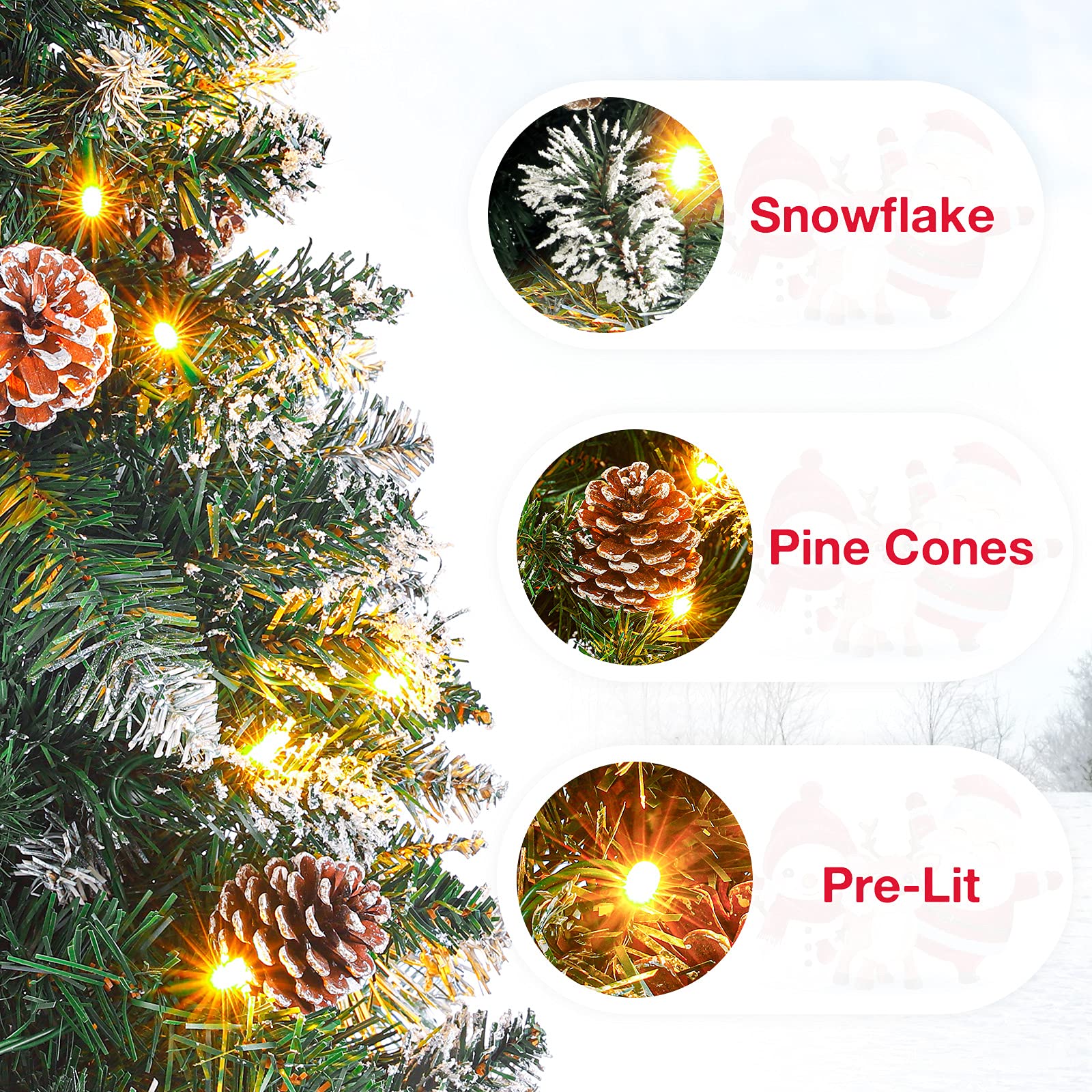 Homde Pencil Christmas Tree 7 Foot Pre-Lit Artificial Christmas Tree with Flocked Snow Pine Cone 210 Warm White Light Holiday De