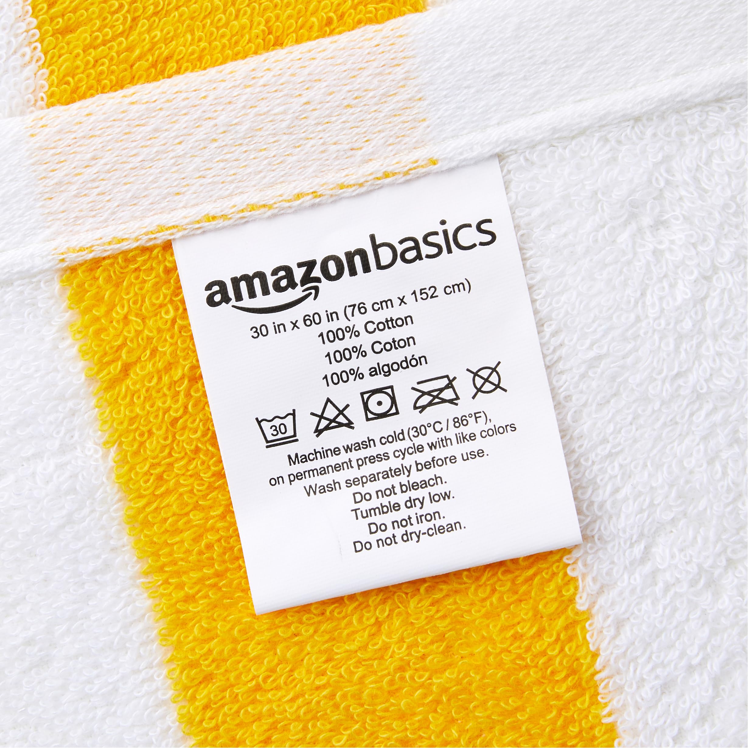 Amazon Basics 100% Cotton Terry Cabana Stripe Pool & Beach Towels, Soft & Absorbent, Large, 2-Pack, Yellow, 30 x 60