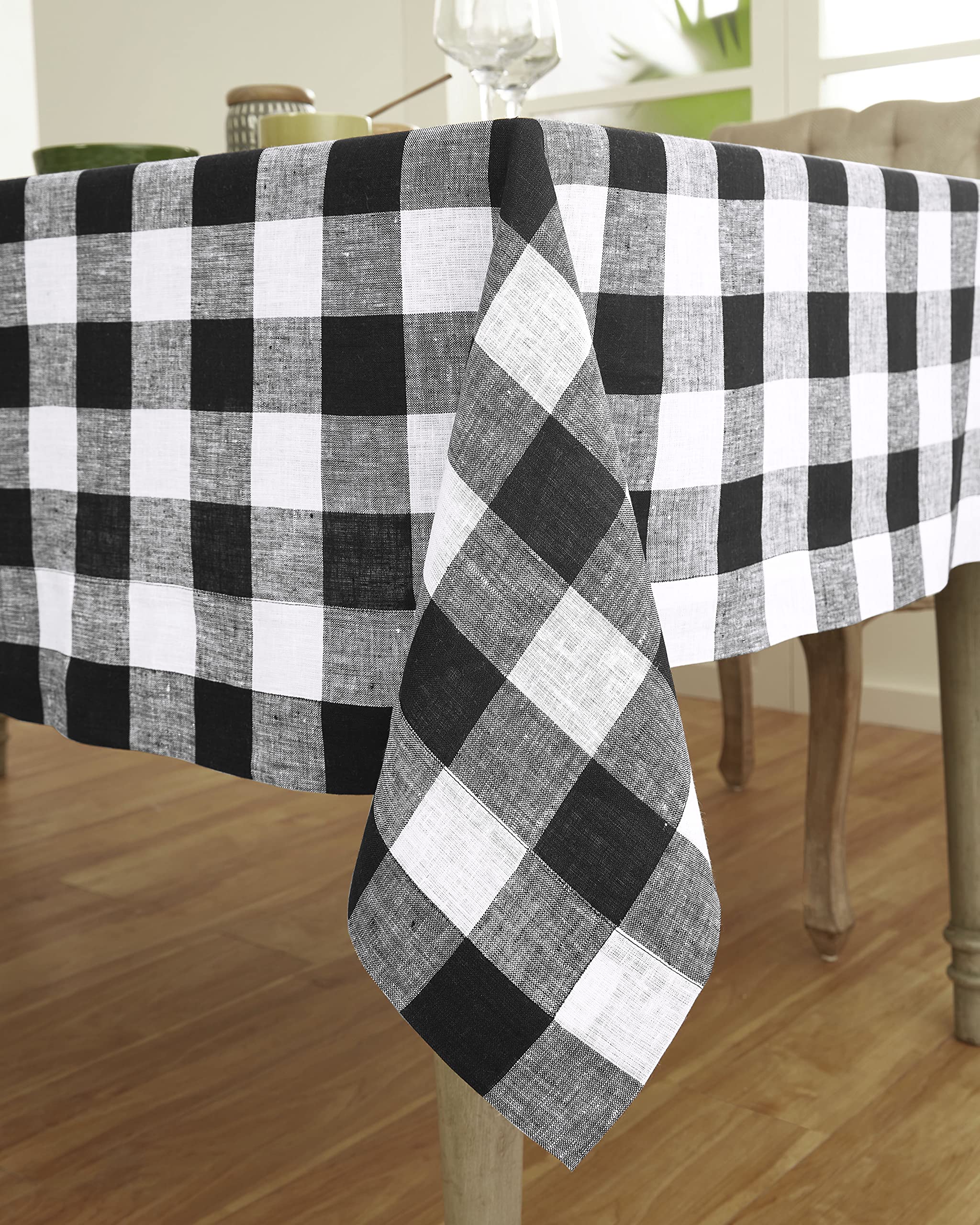 Solino Home Buffalo Check Linen Tablecloth 90 ''L X 60 ''W Inch - 100% Pure Linen Black And White Table Cloth For Rectangle Tabl