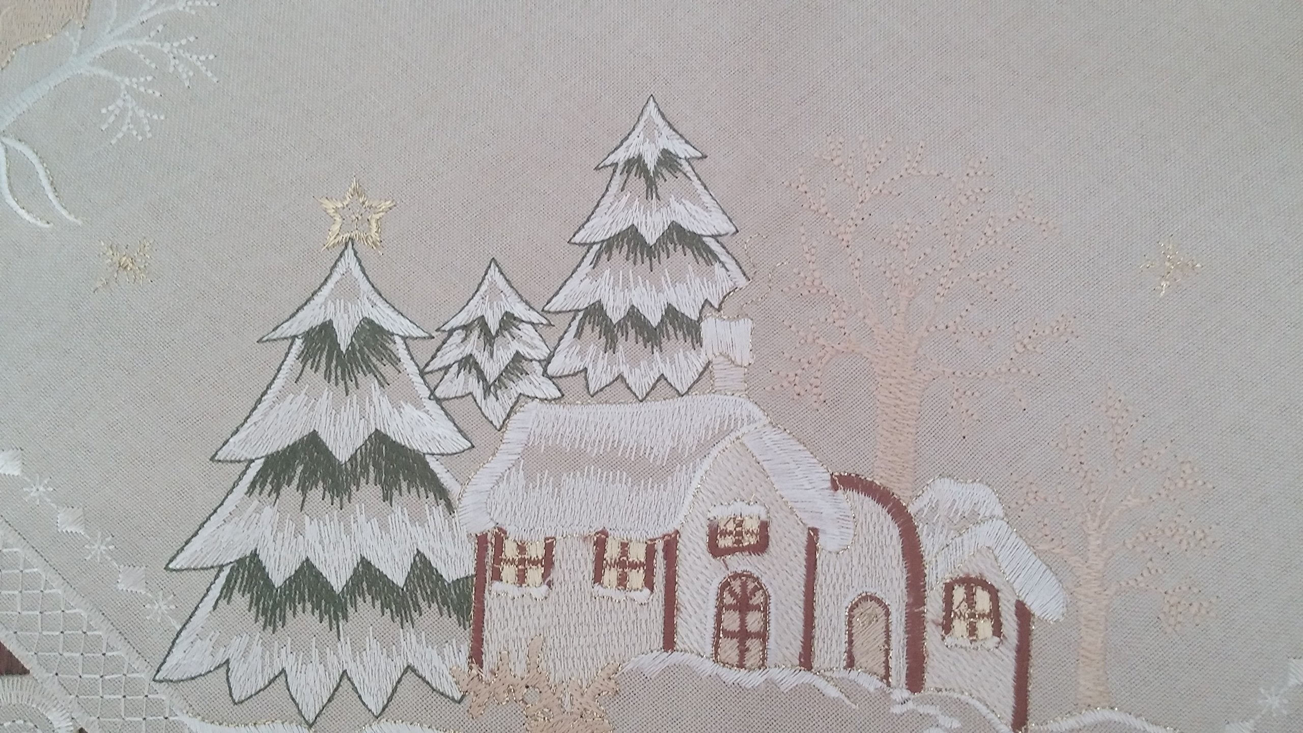 Doily Boutique Christmas Table Runner with Reindeer and Cabin on Tan Burlap Style Material Size 54 x 15 inches