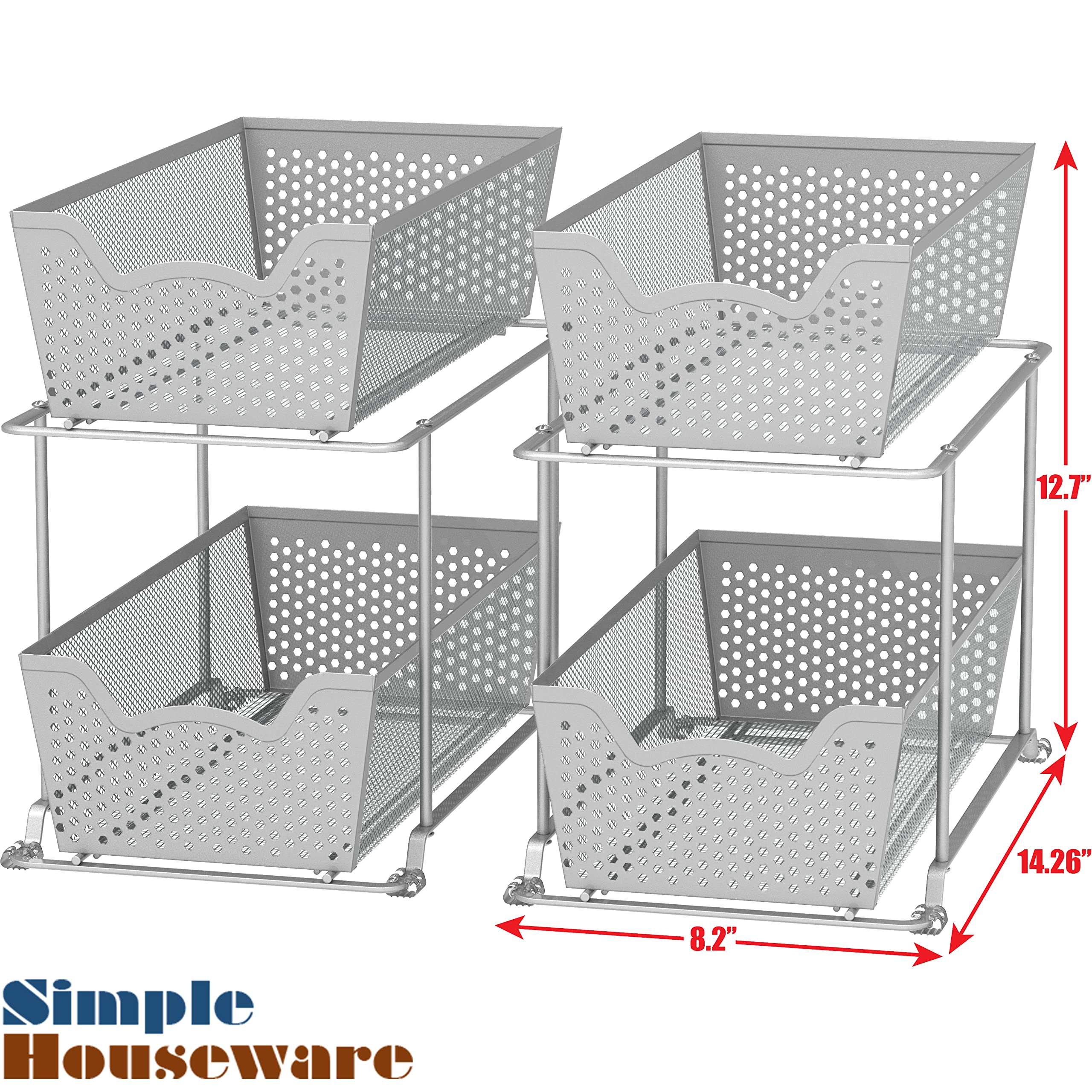 2 Pack - SimpleHouseware Cabinet 2 Tier Perforated Basket Drawer  Grey