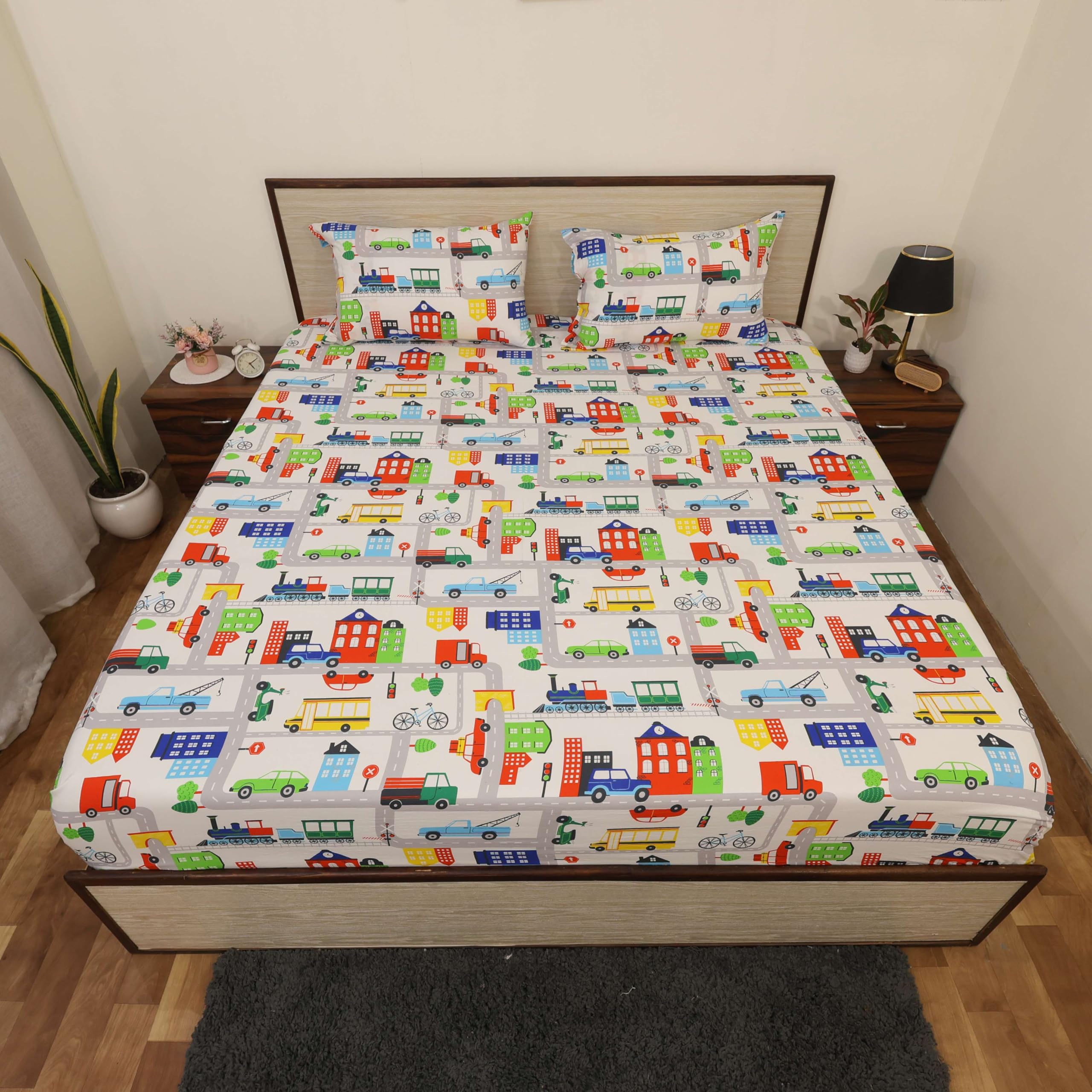 City Traffic Pattern Queen Size Bedsheet with Pillow Covers  Brushed Microfiber Bed Sheet Set 90x102 Inch  Soft & Durable