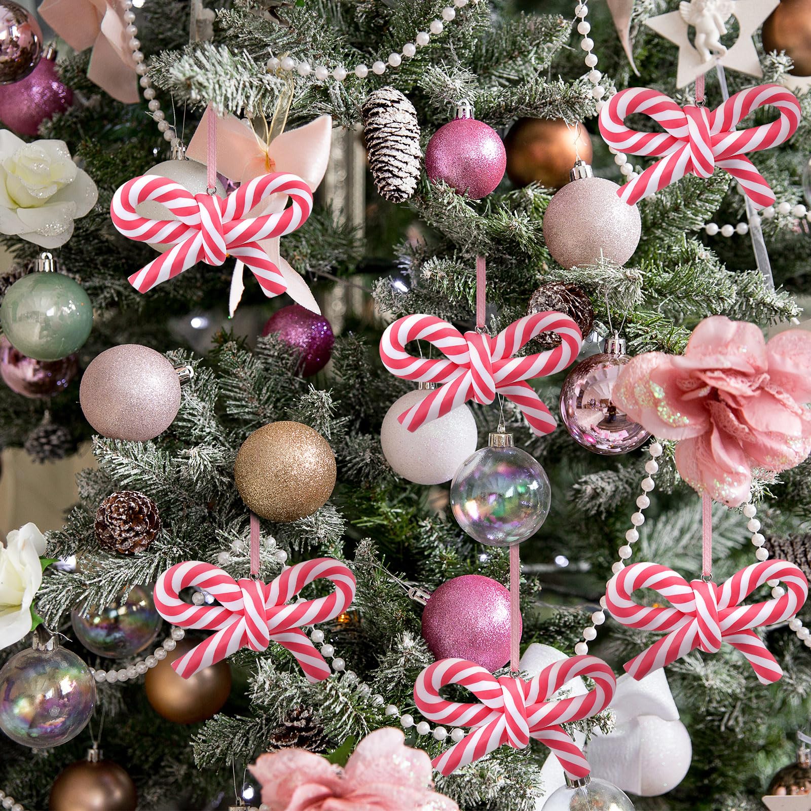 Hungdao 24 Pcs Bow Candy Cane Christmas Ornaments Pink and White Christmas Tree Decoration Stripe Candy Cane Hanging Ornament Po