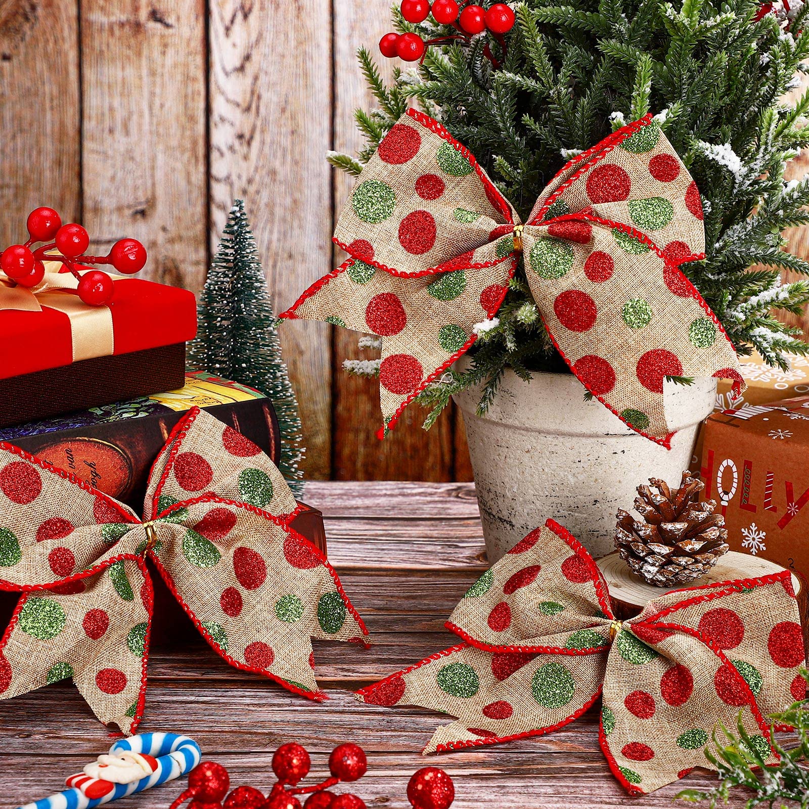 Jetec 12 Pcs Red Green Christmas Bows Decoration 6 Inch Large Christmas Wreaths Bows Xmas Tree Dot Ribbons Ornaments for Garland
