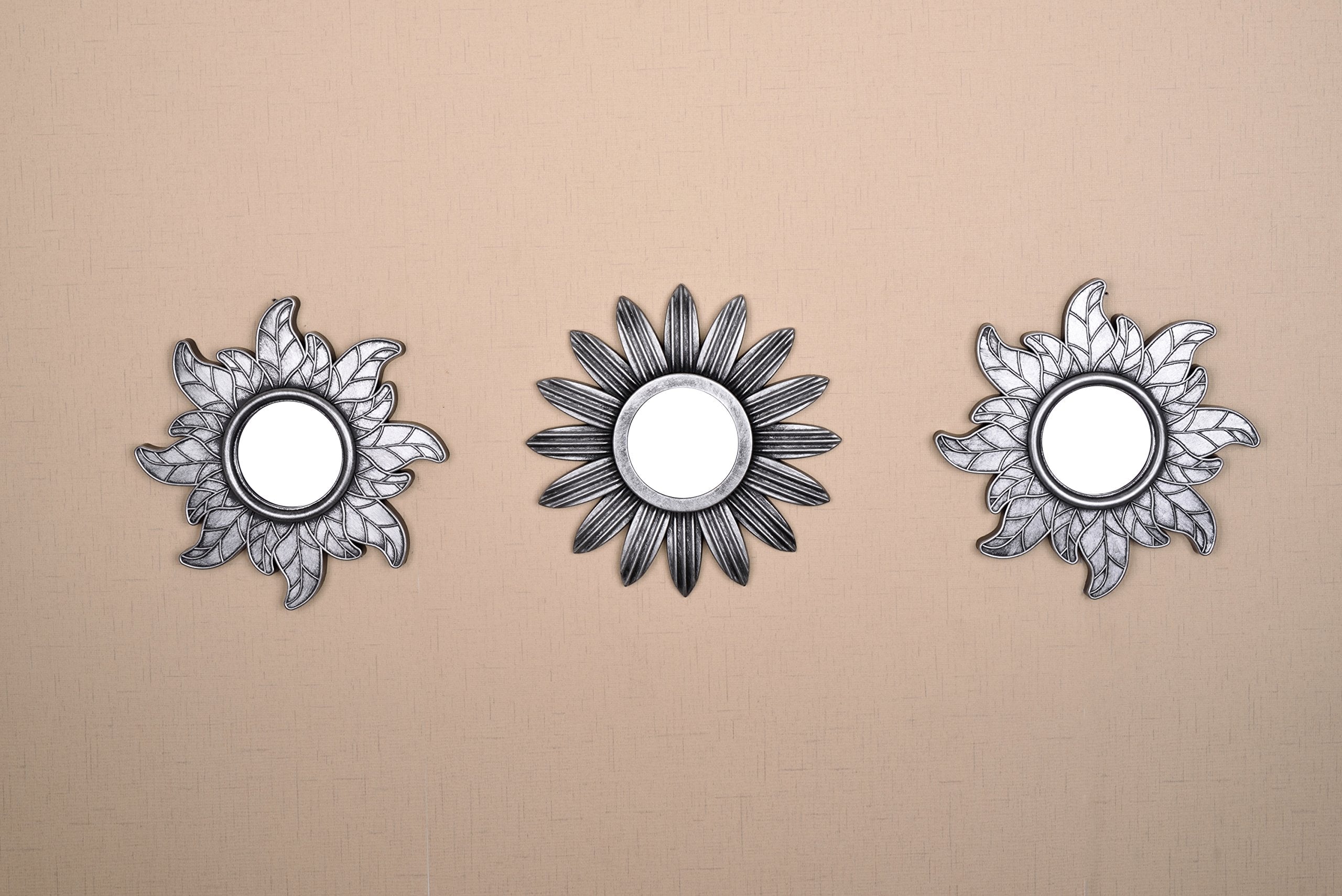 All American Collection New Seperated 3 Piece Decorative Mirror Set, Wall Accent Display (Silver Flower and Sun)
