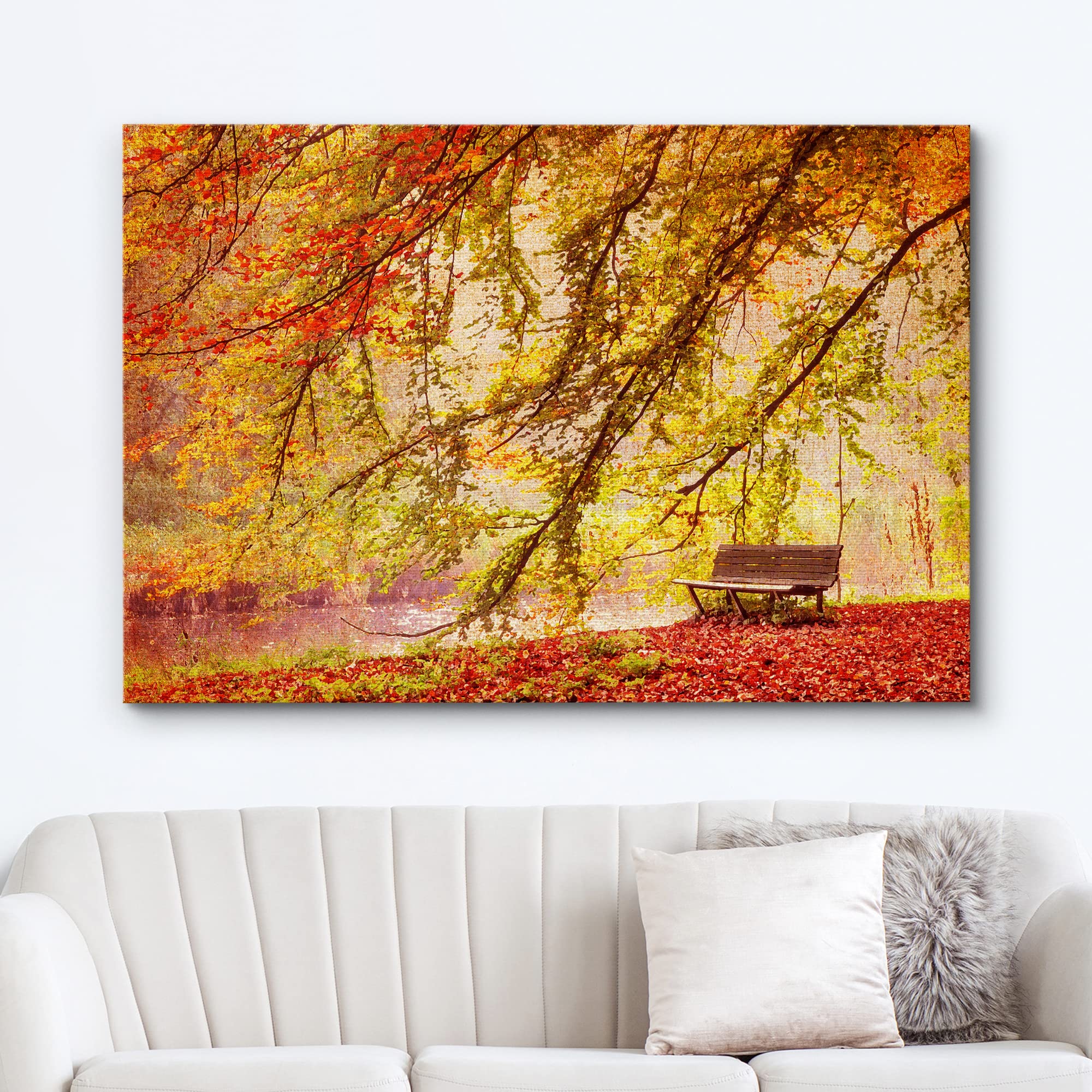 Wall26 Canvas Print Wall Art Watercolor Effect Bench In Autumn Park Nature Wilderness Illustrations Modern Art Rustic Scenic Col