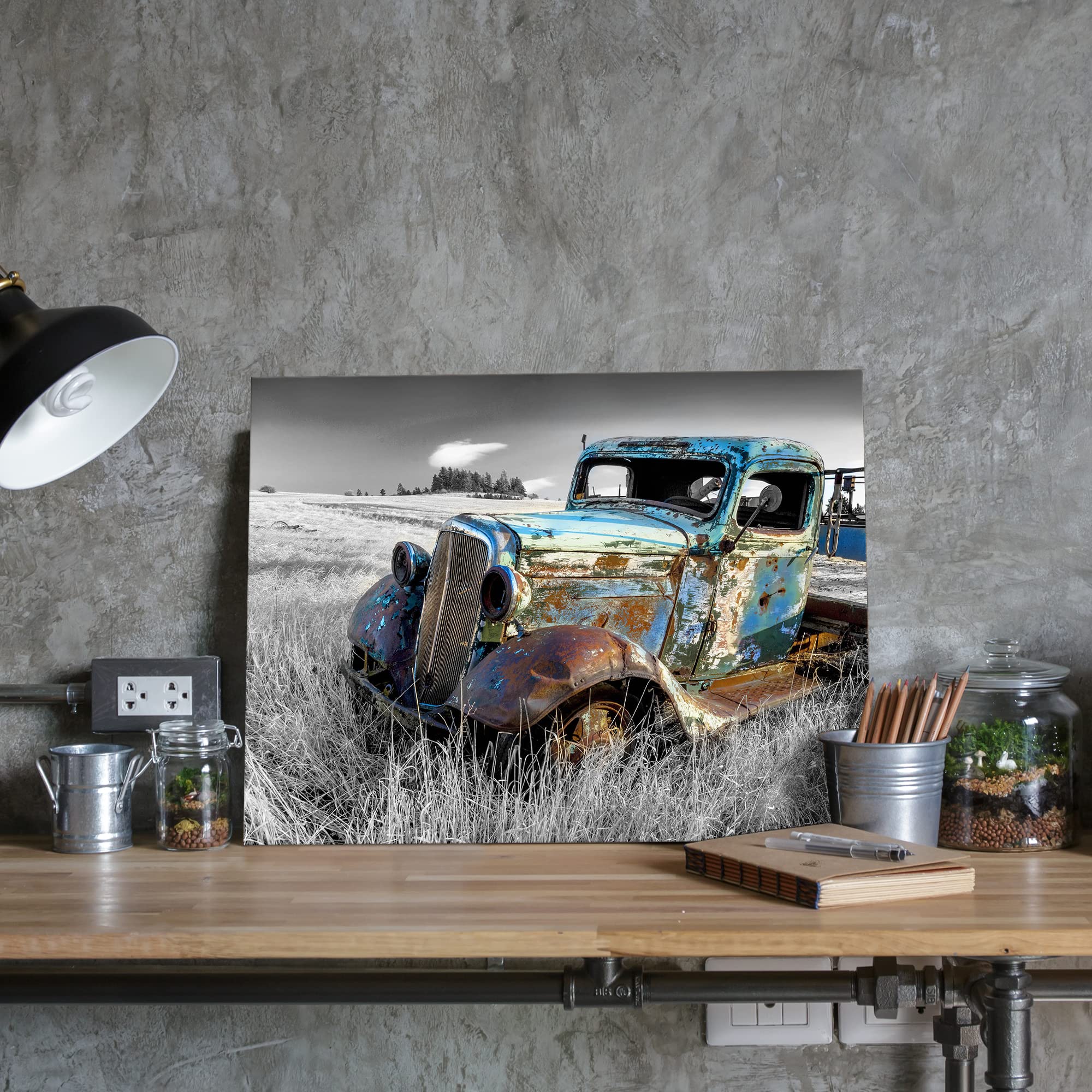 Sunflax Old Truck Canvas Wall Art: Rusty Blue Car Artwork Rustic Automobile Painting Vintage Antique Country Picture Black And W