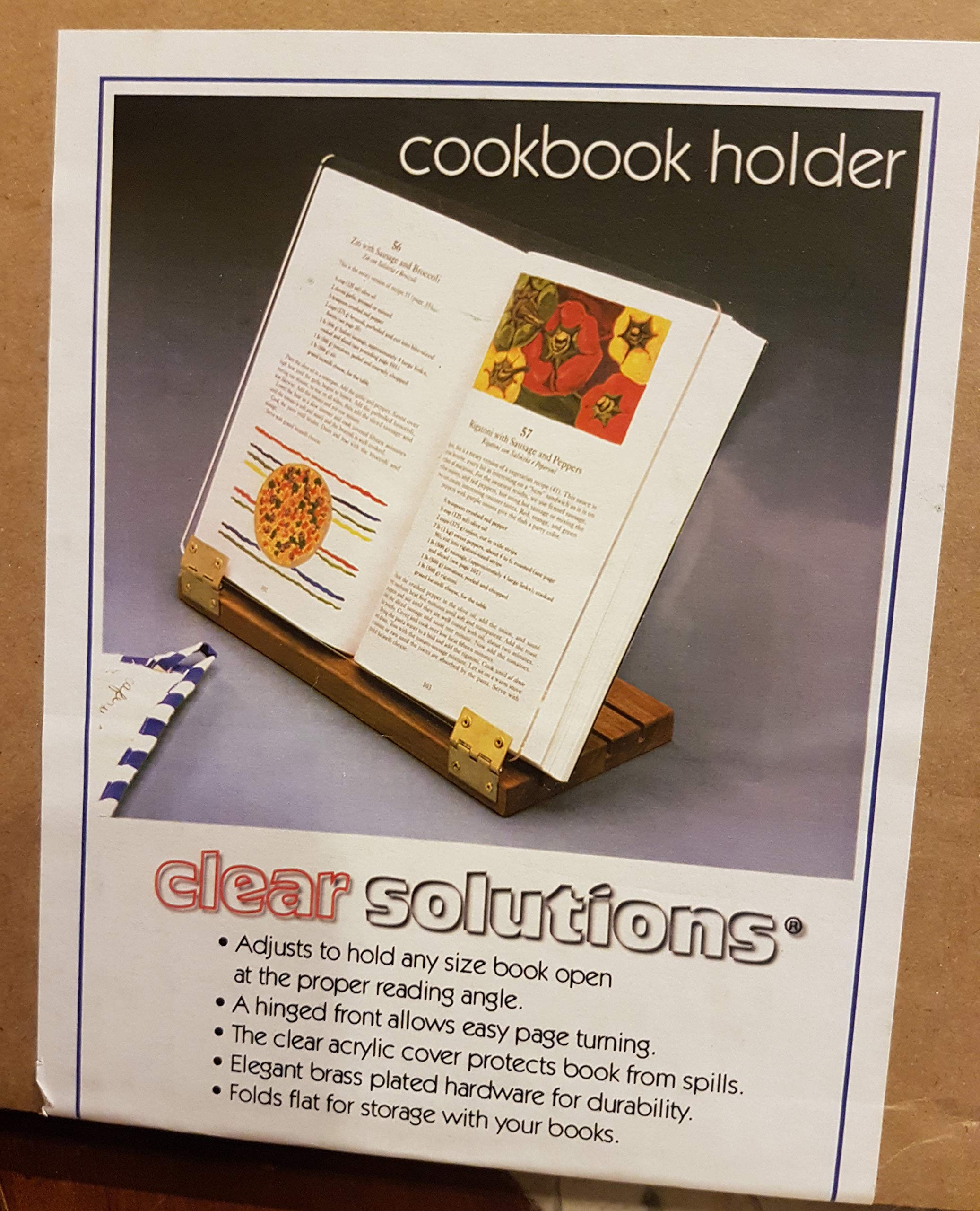 Original Hinged Cookbook Holder - Acrylic Shield With Wood Base And Brass Plated Hinges - Made In The Usa