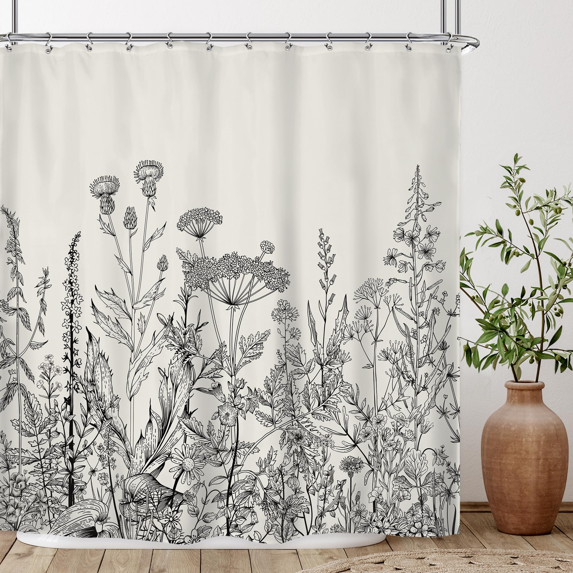 Riyidecor Wild Floral Shower Curtain Botanical Herbs Tulip Plant Nature Blossom Flower Leaf Sketch Gross Waterproof Fabric 60Wx7
