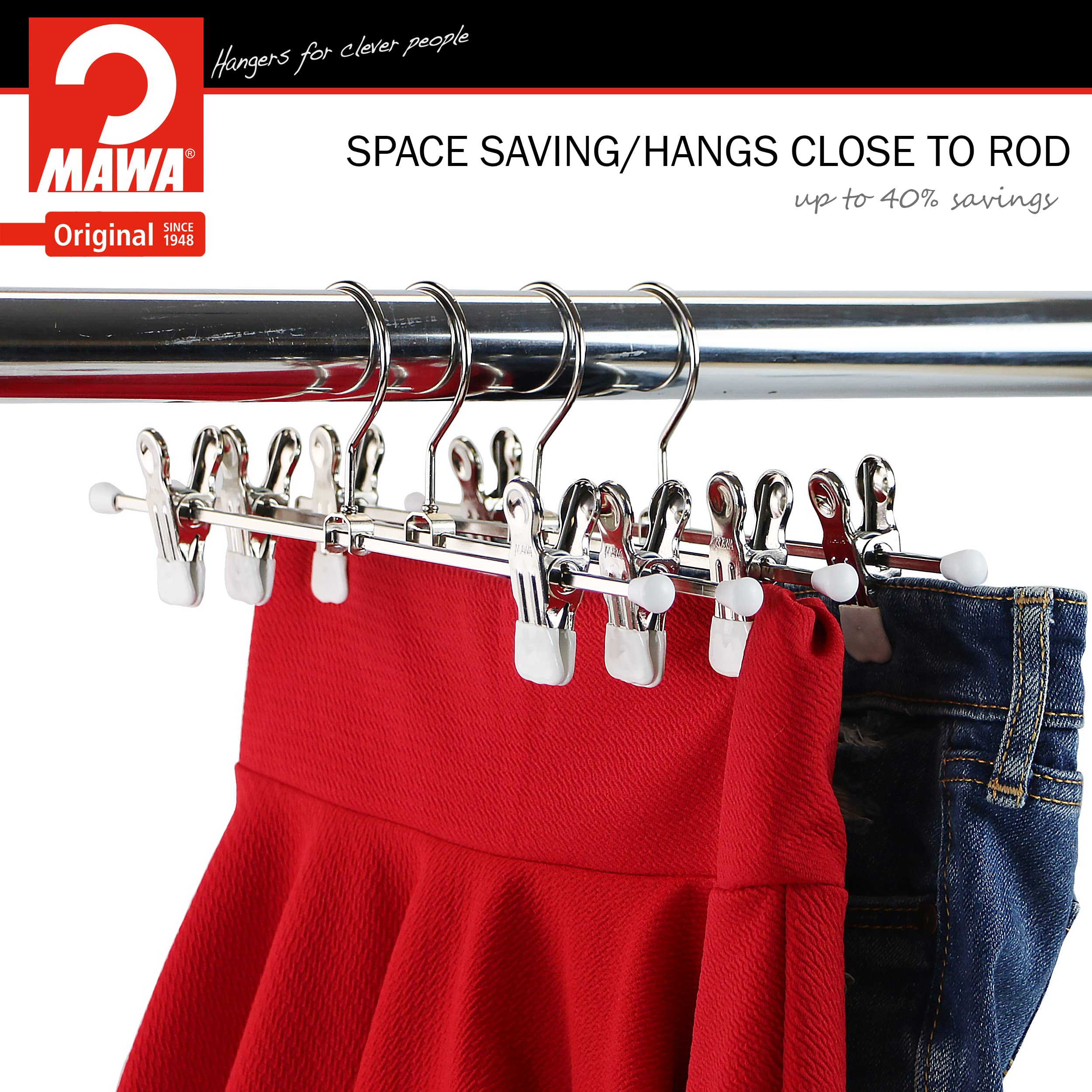 Mawa by Reston Lloyd Space-Saving Clothes Hanger for Pants and Skirts with Two Non-Slip Clips  Style K/30D  12-Inch  Set of 12  White