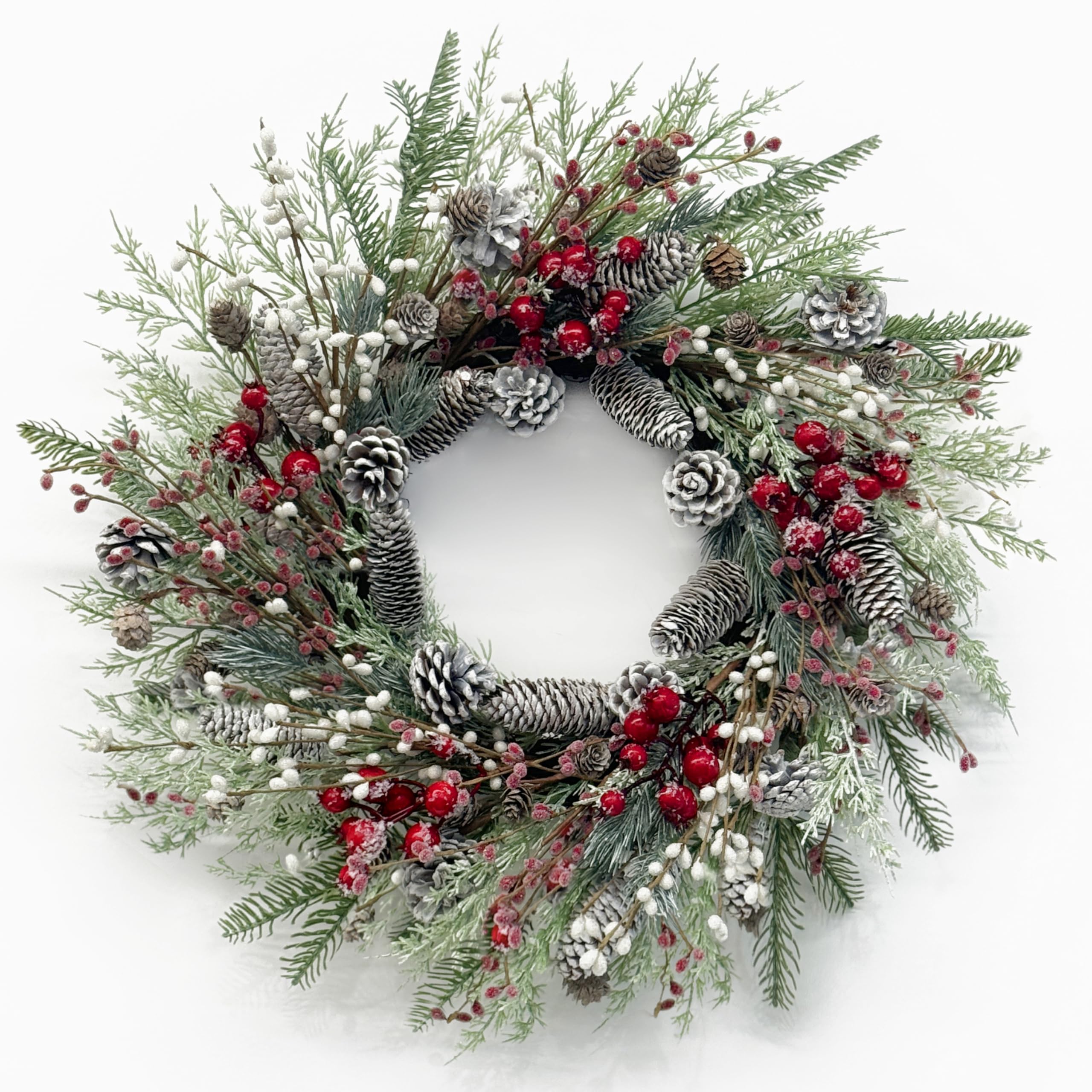 Christmas Wreath for Front Door, 24 inch Winter Wreaths with Natural Pine Cones, Red Berries,Spruce Branches,Xmas Indoor Outdoor