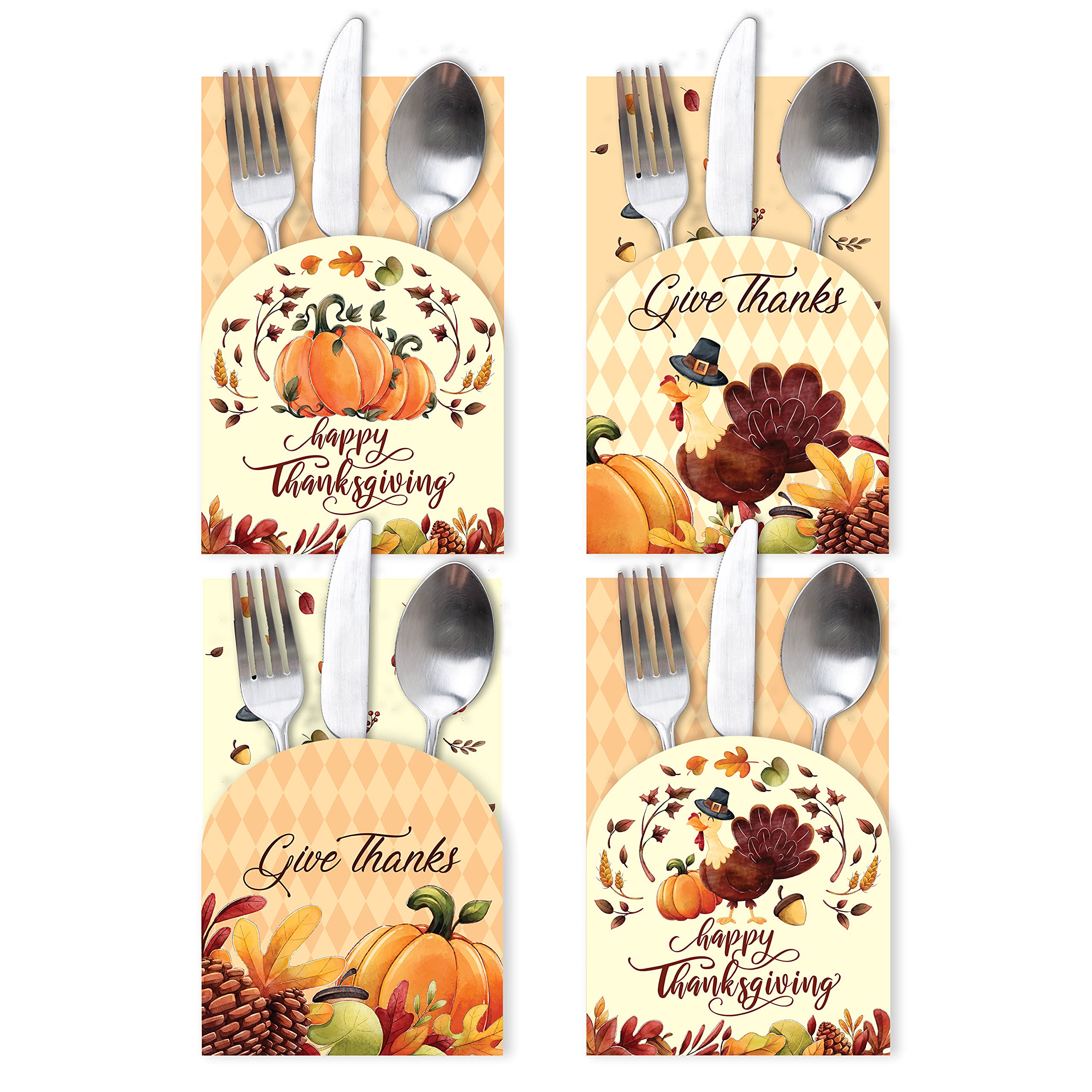 Joyful Toys Thanksgiving Utensil Holder / 24 Pieces Turkey Cutlery Silverware Holder Paper Pocket Set For Thanksgiving Party Sup