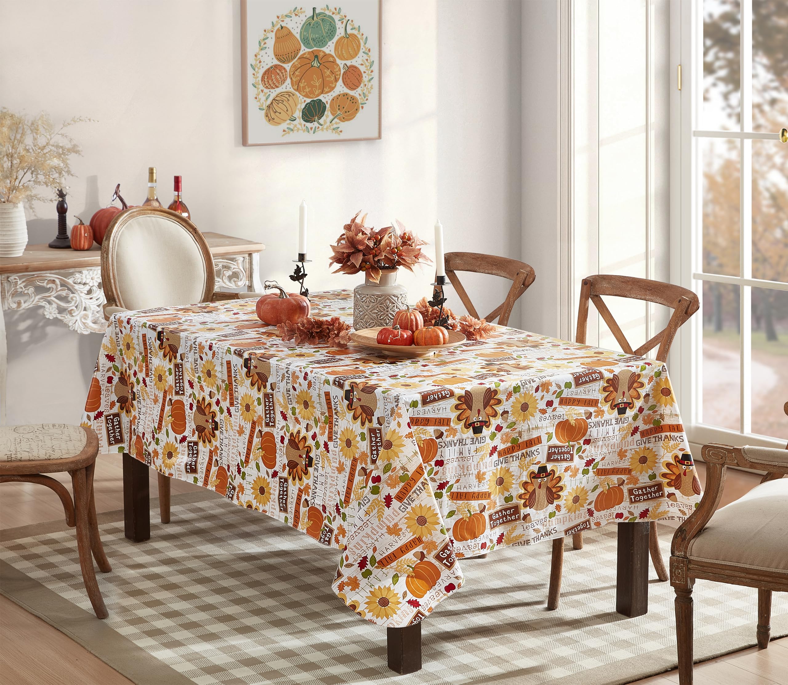 Newbridge Happy Thanksgiving Turkey Vinyl Tablecloth with Flannel Backing, 60 x 84 Inch Rectangle - Whimsical Fall Harvest Kitch
