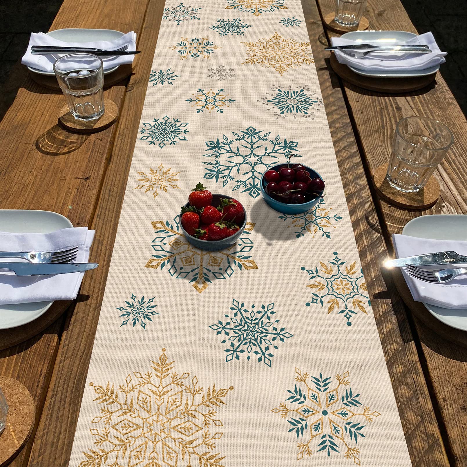Seliem Winter Snowflakes Table Runner, Gold Blue Tabletop Scarf Home Kitchen Christmas Holiday Decor Sign, Seasonal Farmhouse Ru