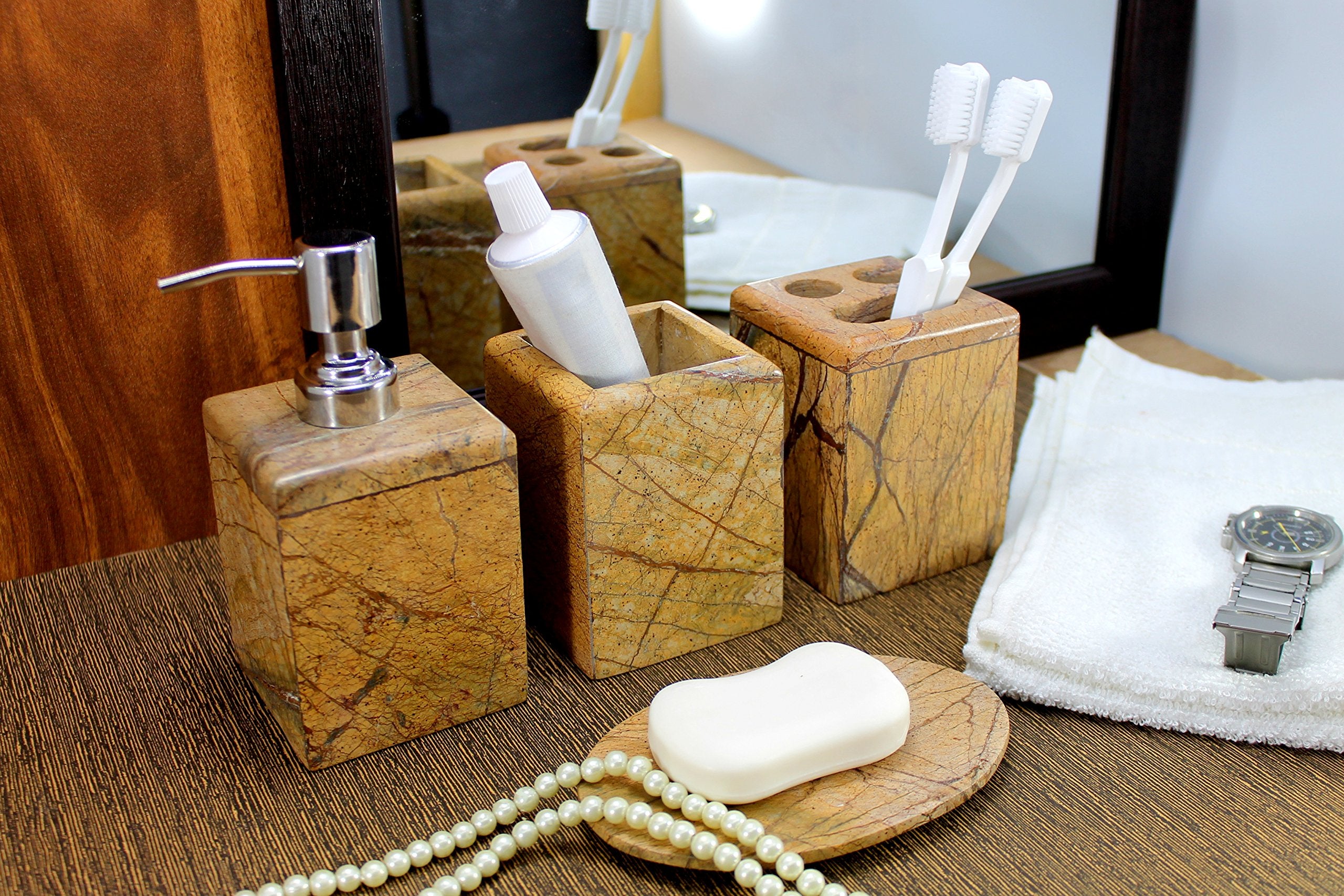 Kleo - Bathroom Accessory Set Made From Natural Stone - Bath Accessories Set Of 4 Includes Soap Dispenser, Toothbrush Holder, Tu