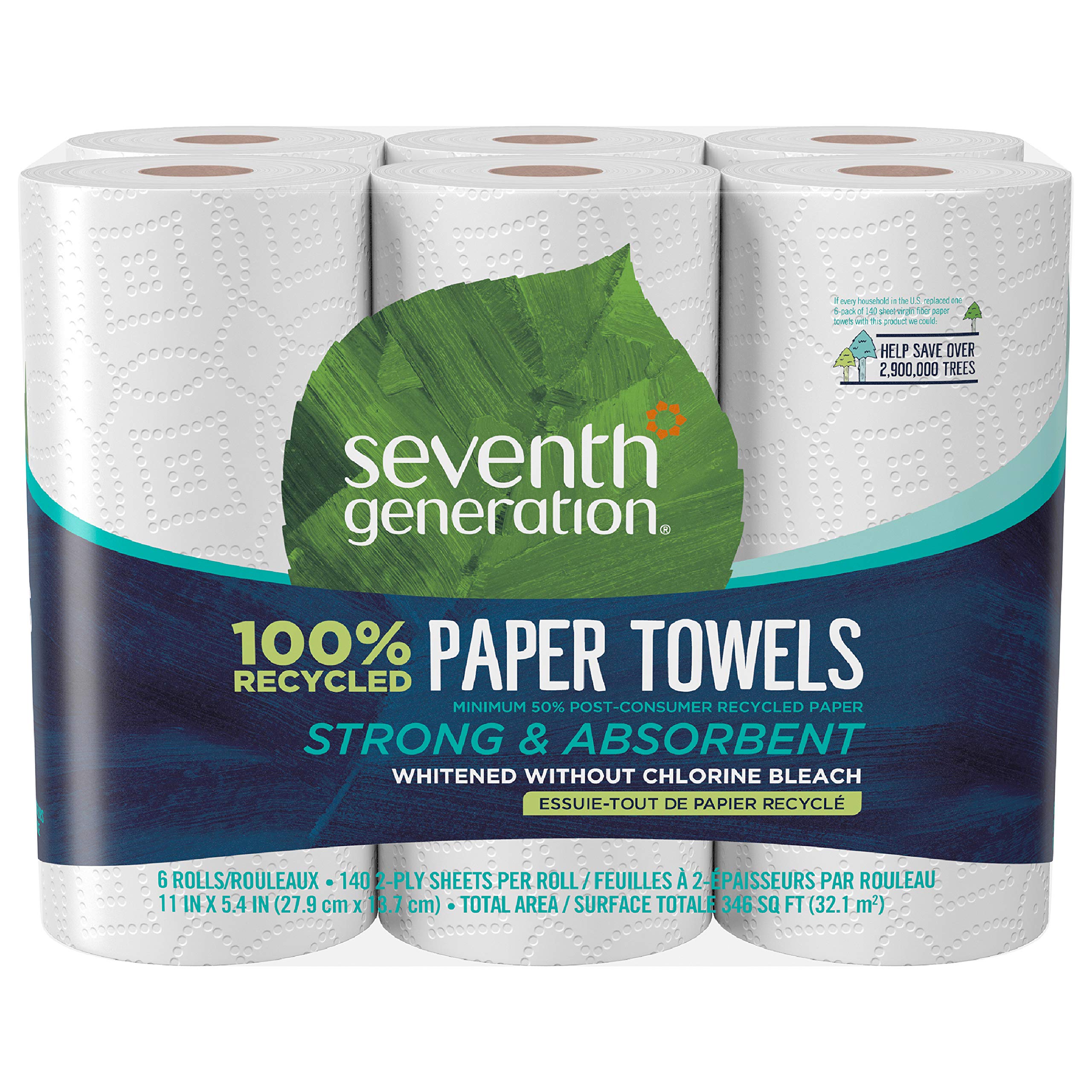 Seventh Generation Paper Towels, 100% Recycled Paper, 2-Ply, 6 Rolls (Packaging May Vary)