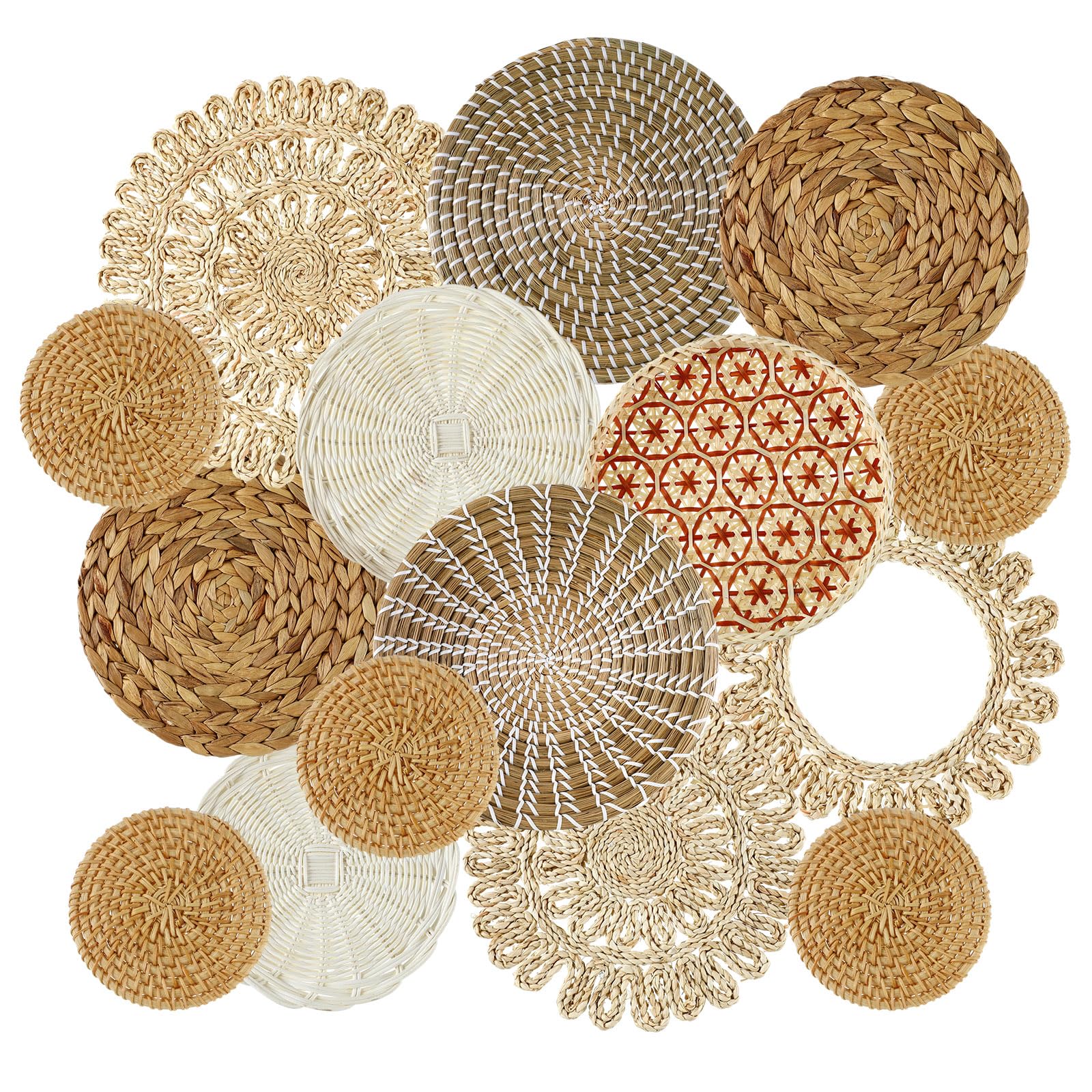 15 Pcs Boho Wall Basket Decor Handcrafted Seagrass Woven Wall Basket Rustic Round Woven Hanging Art for Home Farmhouse Kitchen T