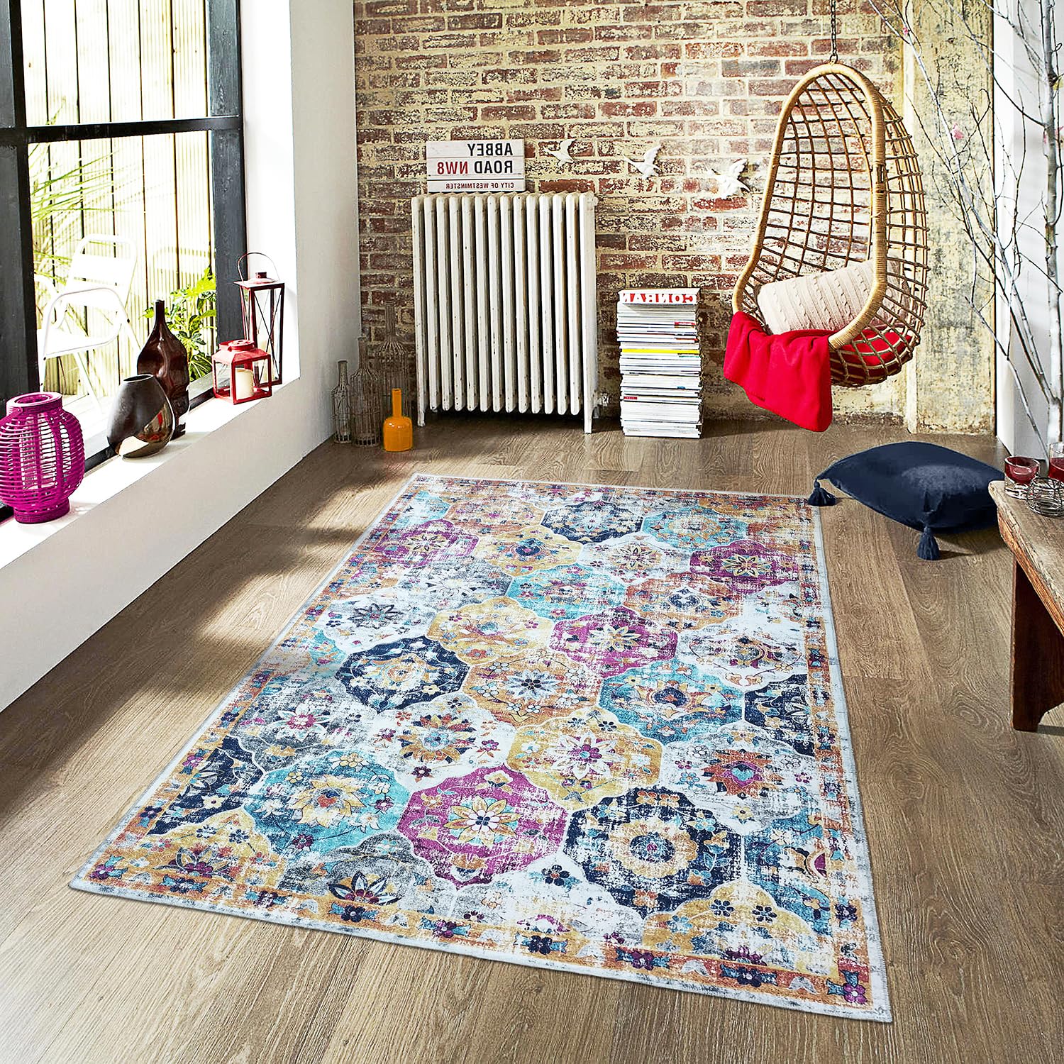 Mandala Machine Washable Area Rug 8 x 10 - Non-Slip & Safe Floor Rug - Stain Resistant Bedroom Rug - Comfortable Polyester Mater