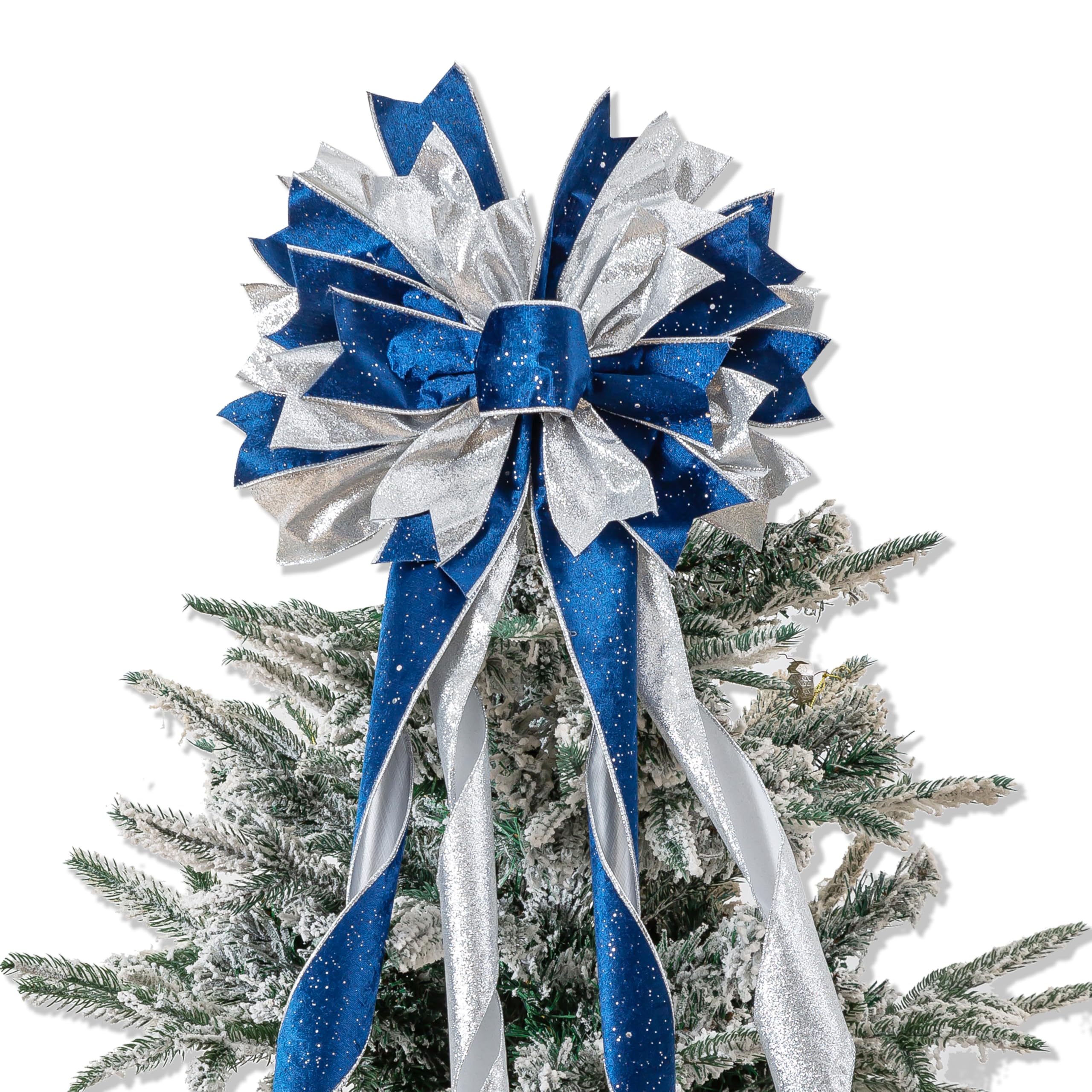 Blue Sliver Christmas Tree Topper, 40x13 Inches Toppers Bow with Glitter Satin Mesh Streamer and Patterned Ribbon, Christmas Tre