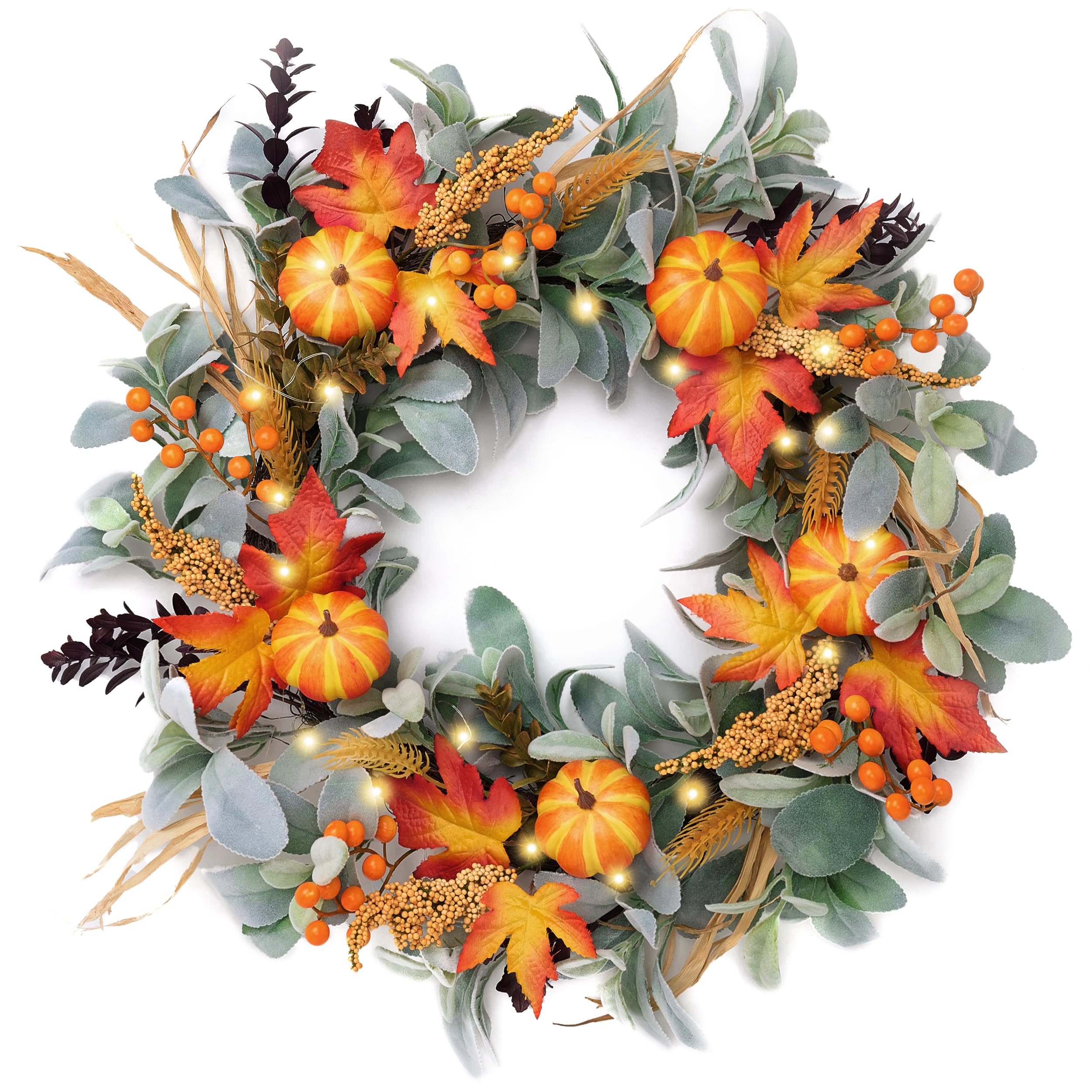 Valery Madelyn 24'' Collapsible Fall Wreaths for Front Door, Silk Lambs Ear Autumn Door Wreath with Lights Pumpkins Outdoor Fall