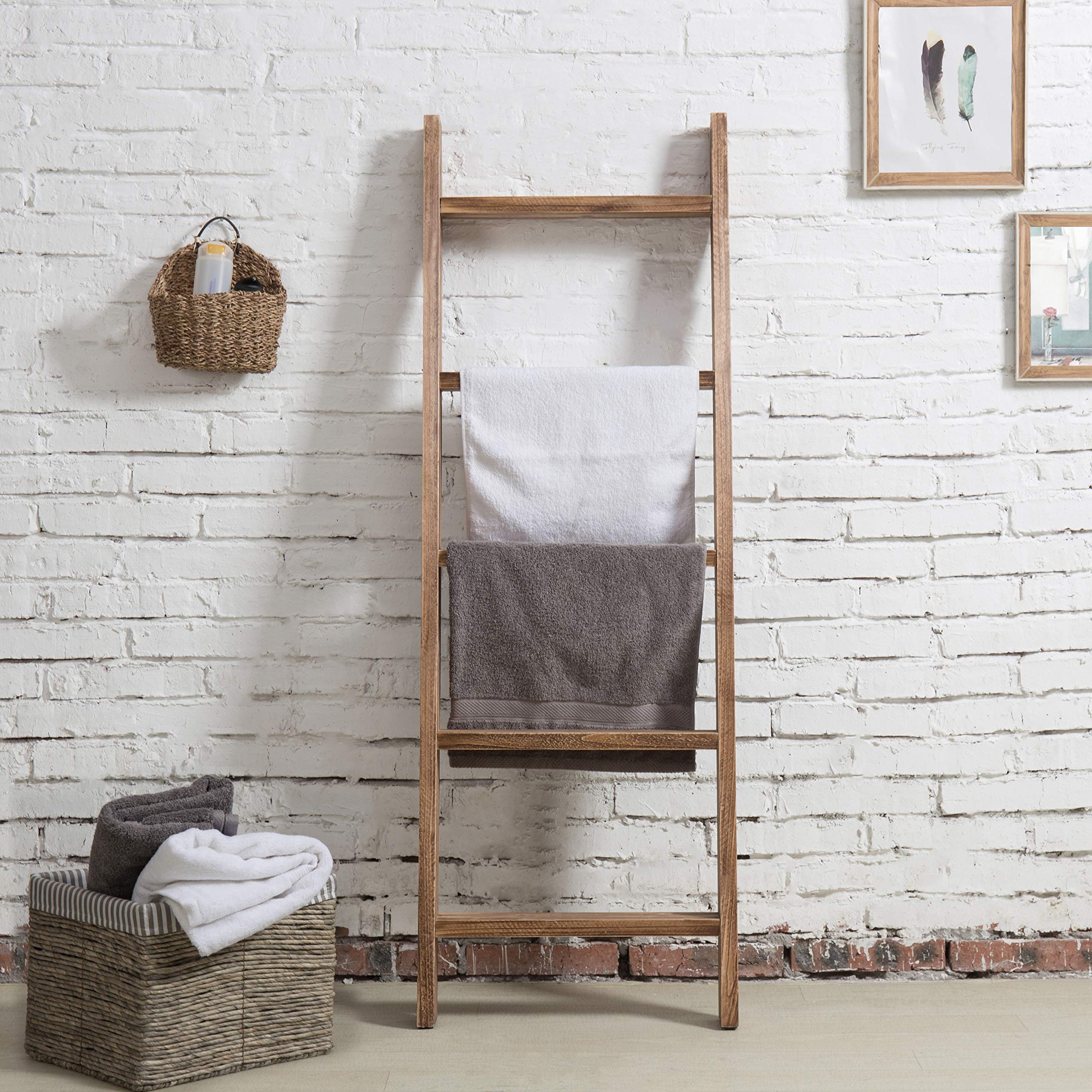 Mygift 4Ft Tall Rustic Burnt Natural Wood Wall Leaning Blanket Ladder Shelf With 5 Rungs, Decorative Living Room Throw And Quilt