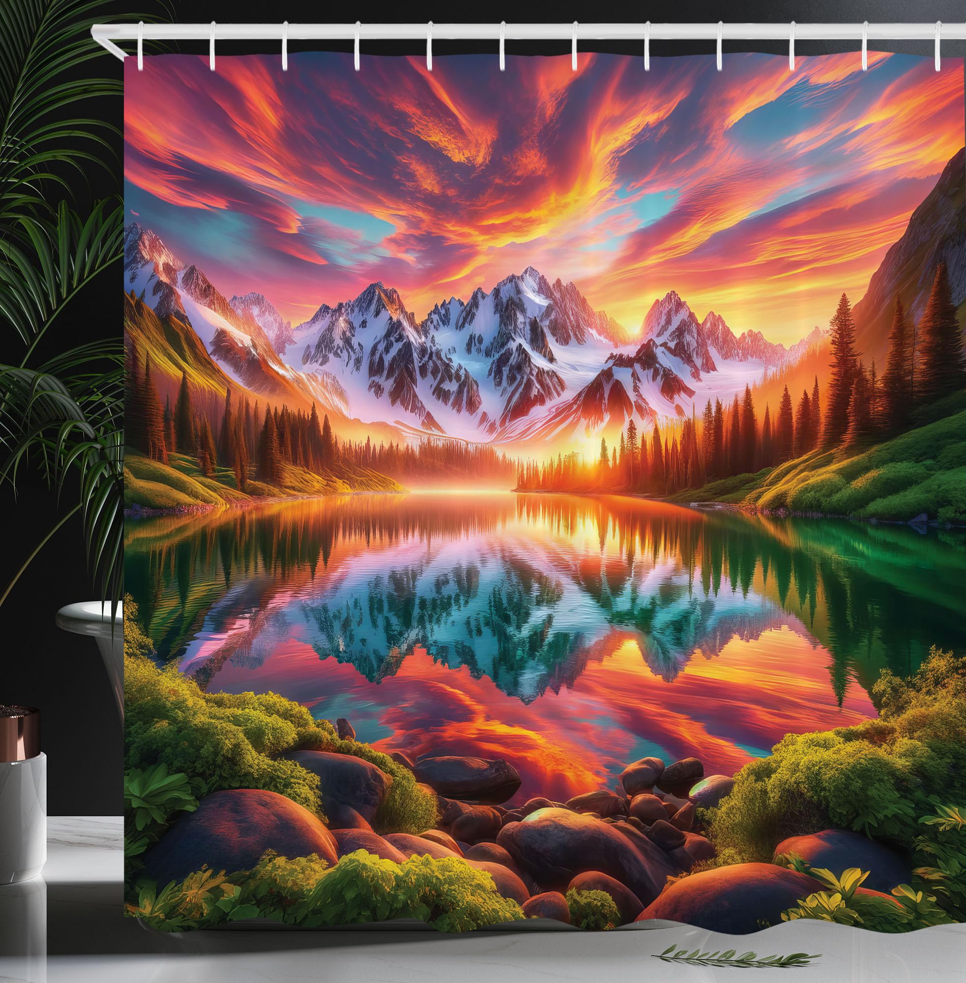 Ambesonne Lake Shower Curtain, Colorful Mesmerizing Scenery Sunset Reflections Dramatic Forest Mountain, Cloth Fabric Bathroom D