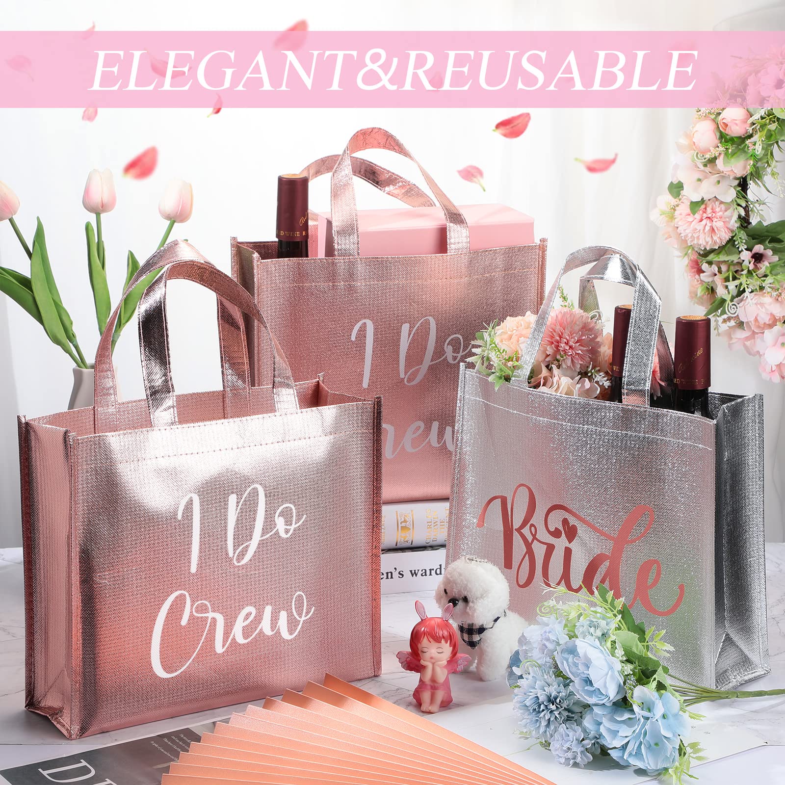 Cindeer 12 Pcs Bridesmaid Bags Holographic Bachelorette Gift Bags Glossy(Silver, Rose Gold,I Do Crew)