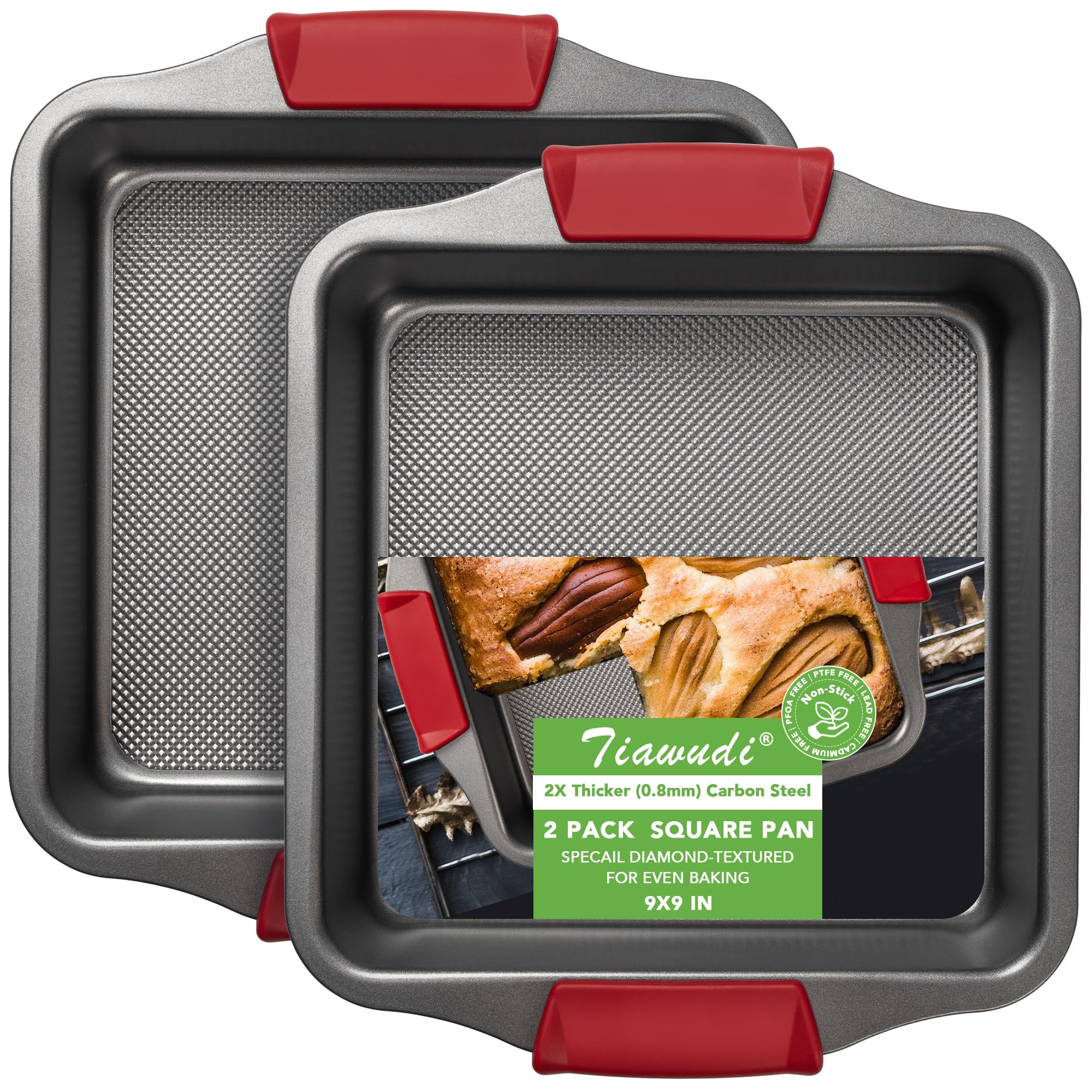 Tiawudi 9 Square Cake Pan Set of 2, 0.8mm Thick Heavy Duty Bakeware with Diamond Texture for Even Heating, Nonstick Baking Pan
