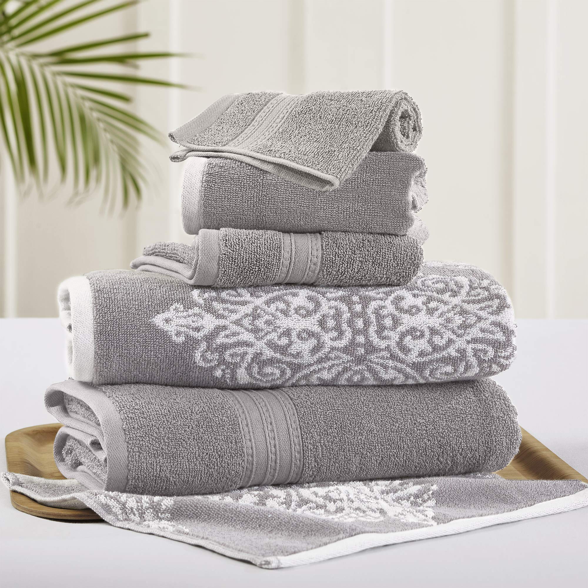 Amrapur Overseas | Artesia Damask 6 Piece Reversible Yarn Dyed Jacquard Towel Set (Grey)