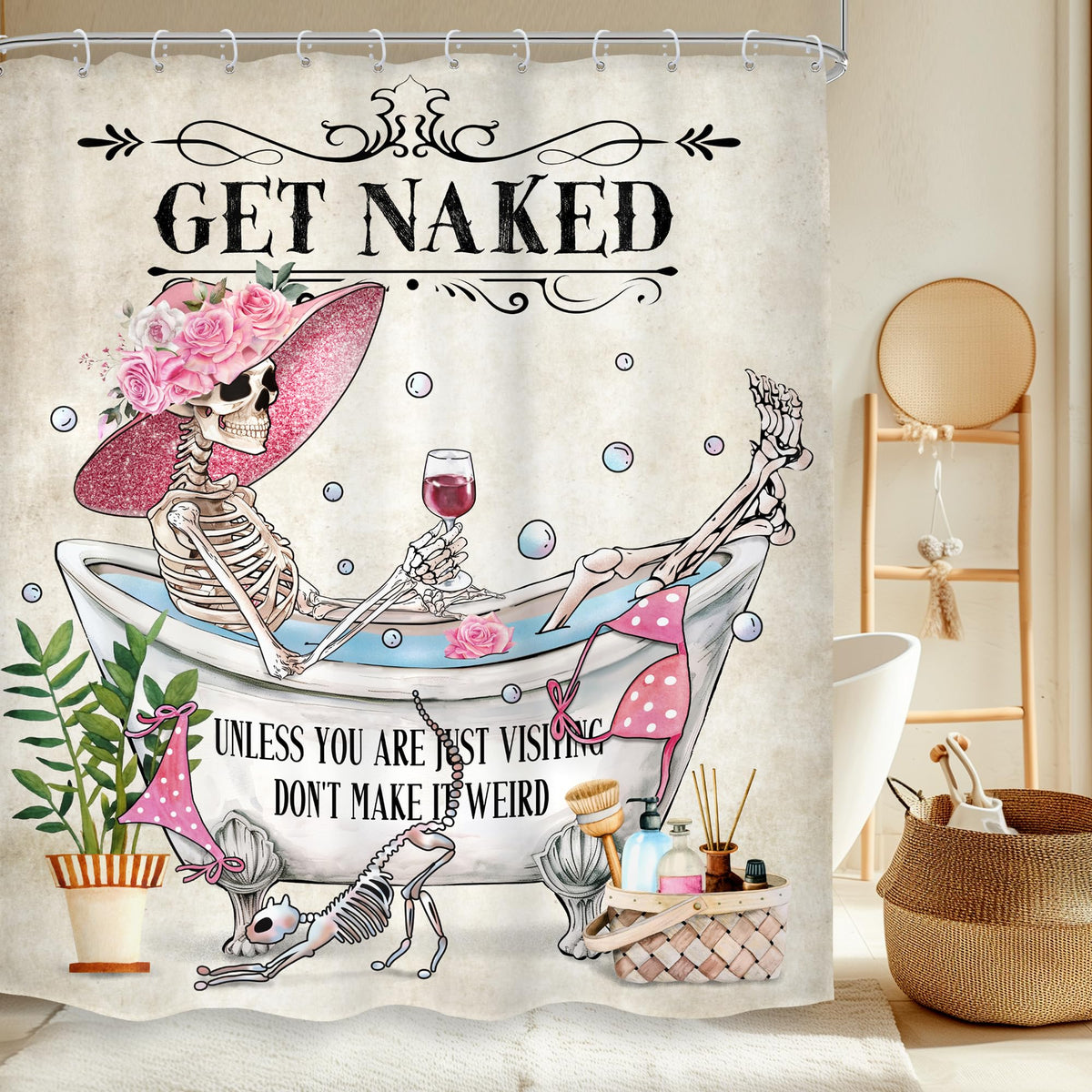 Mitpok Funny Skull Skeleton Shower Curtain 60Wx72H Halloween Gothic Spooky Fashion Girl Pink Bikini Floral Bone In Bathtub Bubbl