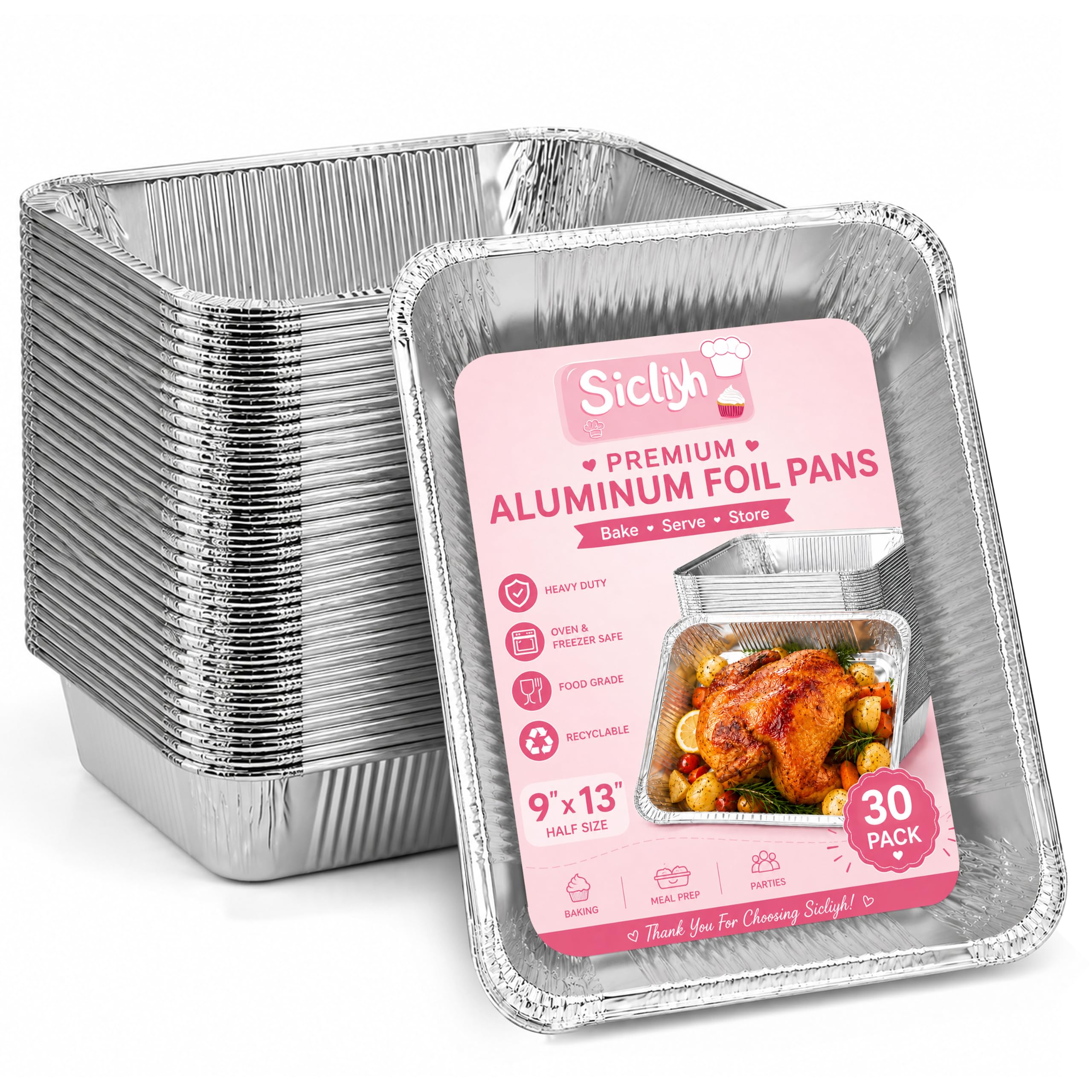 Sicliyh 30 Pack 9x13 Aluminum Foil Pans, Heavy Duty Disposable Baking Pans for Casseroles, Lasagna, Meal Prep, Food Storage, Fre