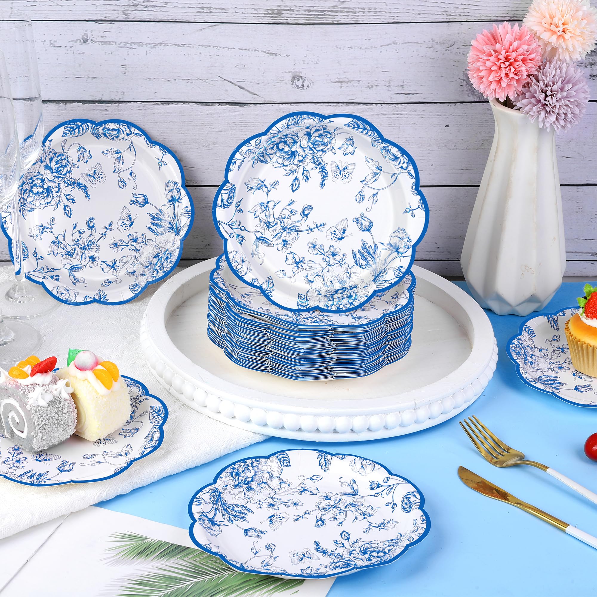 Kochorie 100 Pieces Blue Flower Paper Plates 7 Inches Disposable Floral Paper Plates Scalloped Blue Chinoiserie Vintage Flower D