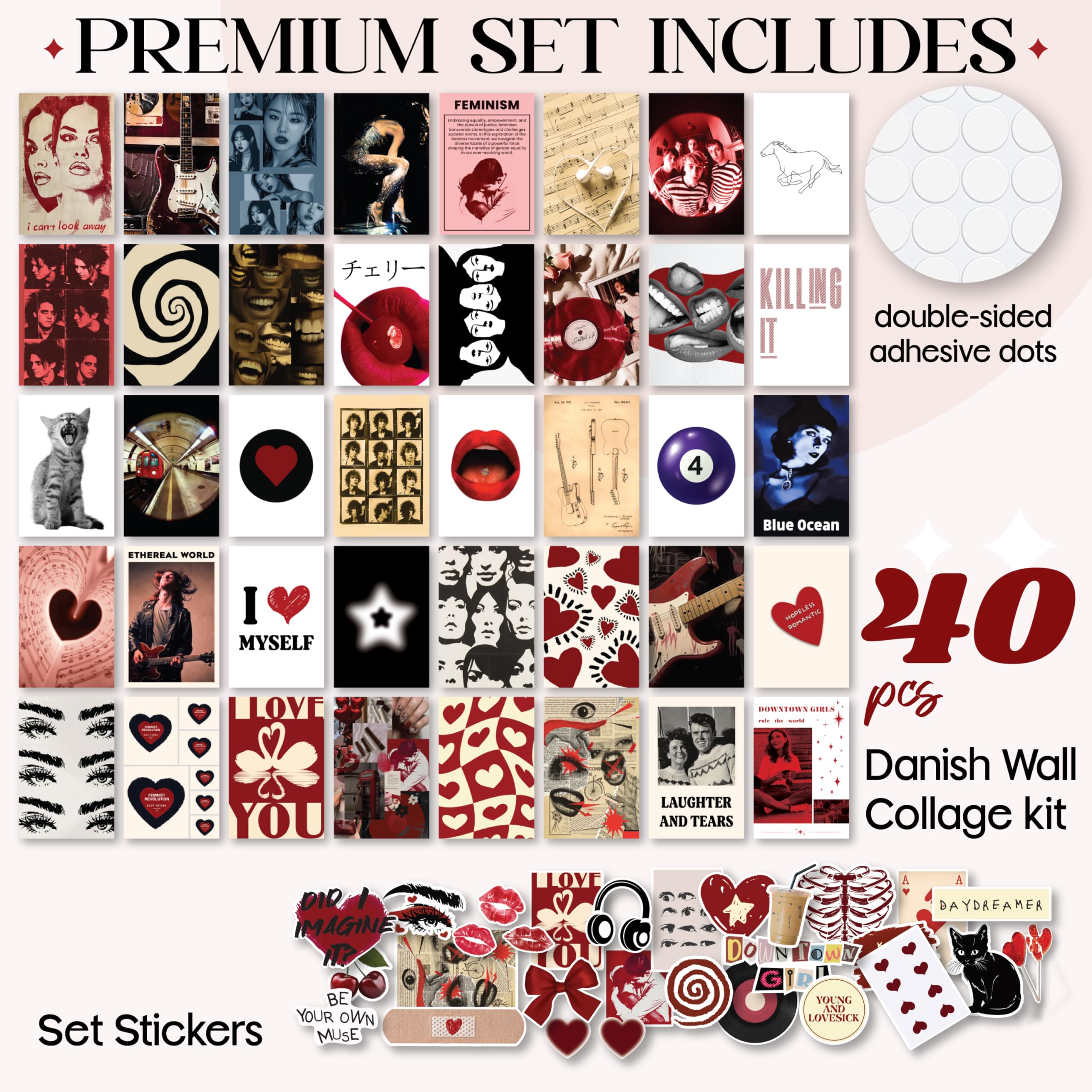 97 Decor Downtown Girl Room Decor Posters - 40 Pcs Downtown Girl Aesthetic Wall Collage Kit, Retro Y2K Room Decor, Dark Red Coqu