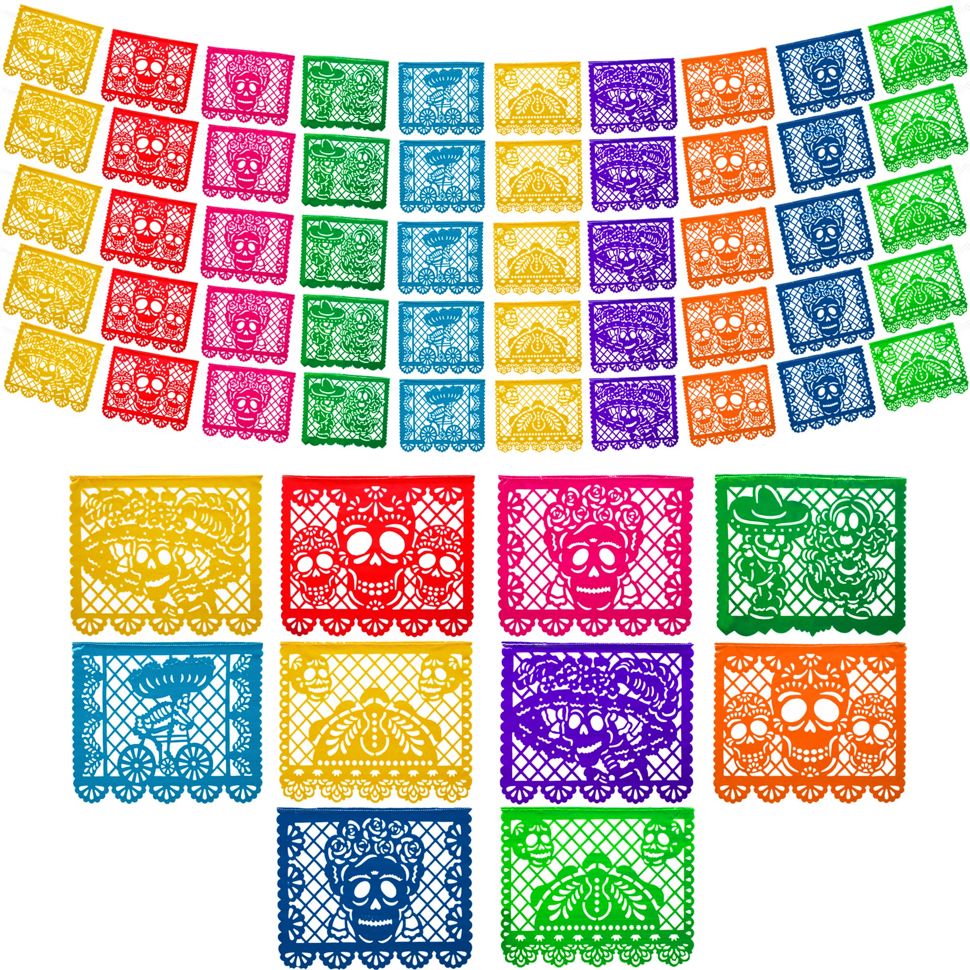Mexican Party Banners (5 Pack - 10 Plastic Flag Designs per Banner) - Papel Picado Dia de Los Muertos Decorations for Altar - Da