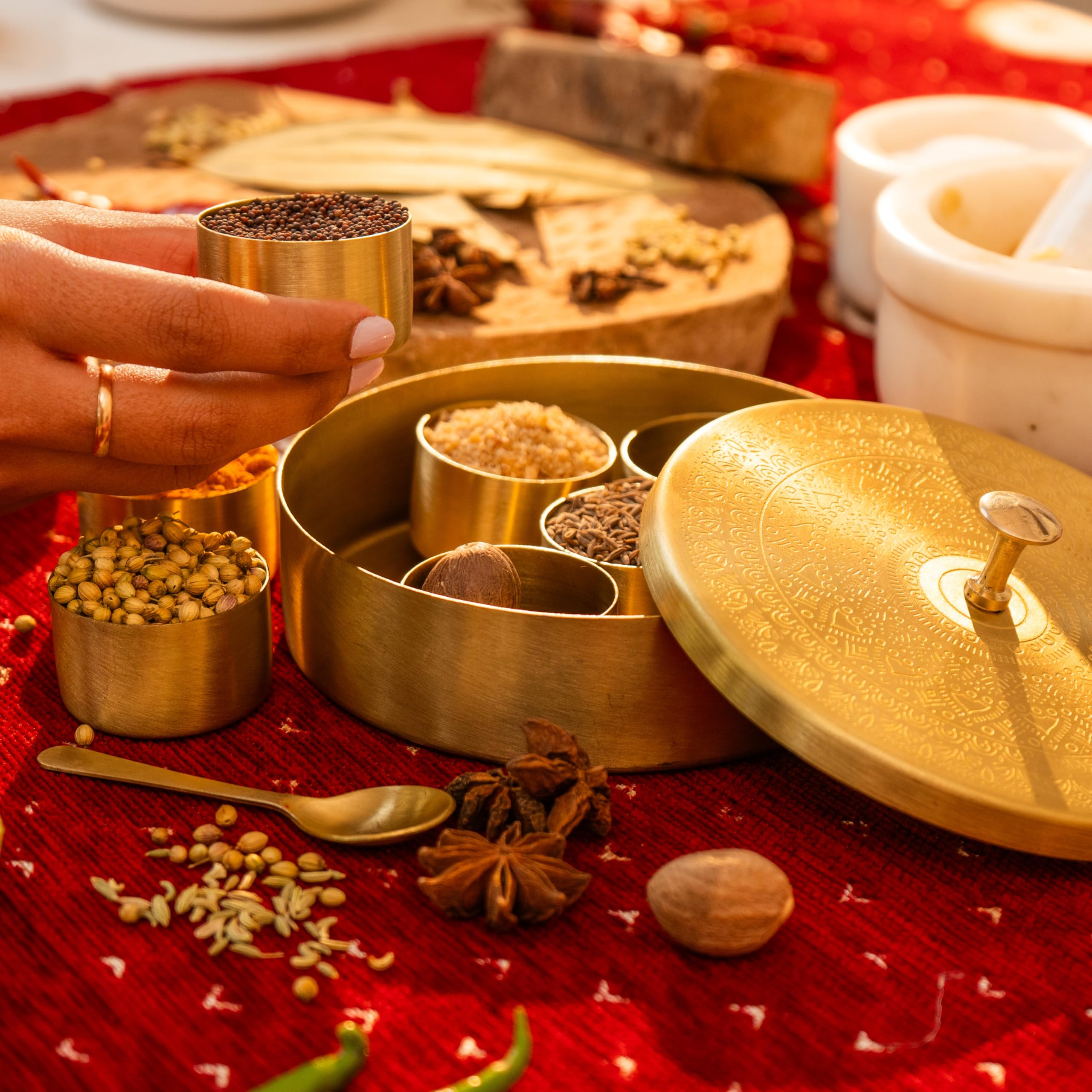 ireka HOMES | Chutki Brass Masala Box with Spoon | Brass Spice Bowls | Handcrafted Masala Box Organizer | Kitchen Spice Storage 