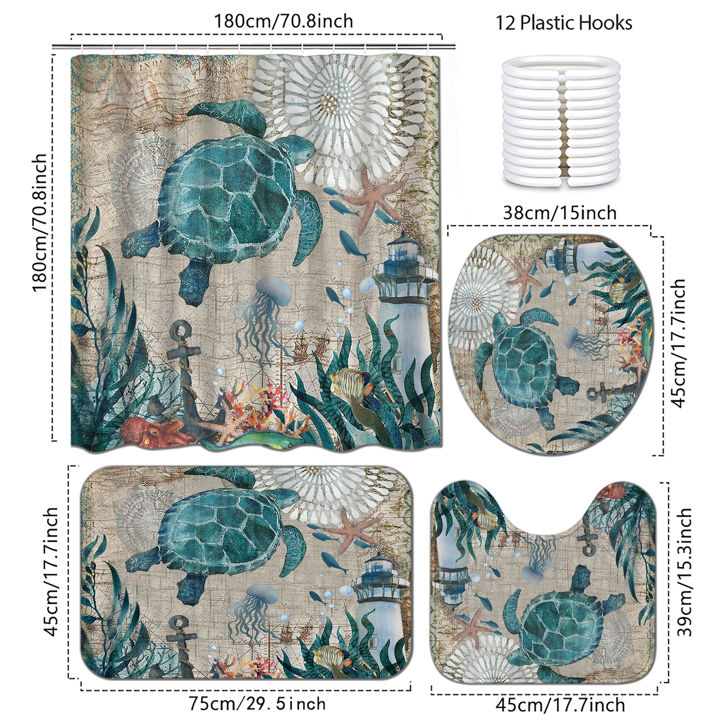 Planially 4Pcs Sea Turtle Shower Curtain Sets, Ocean Turtle Bathroom Sets With Shower Curtain And Rugs Durable Waterproof Curtai