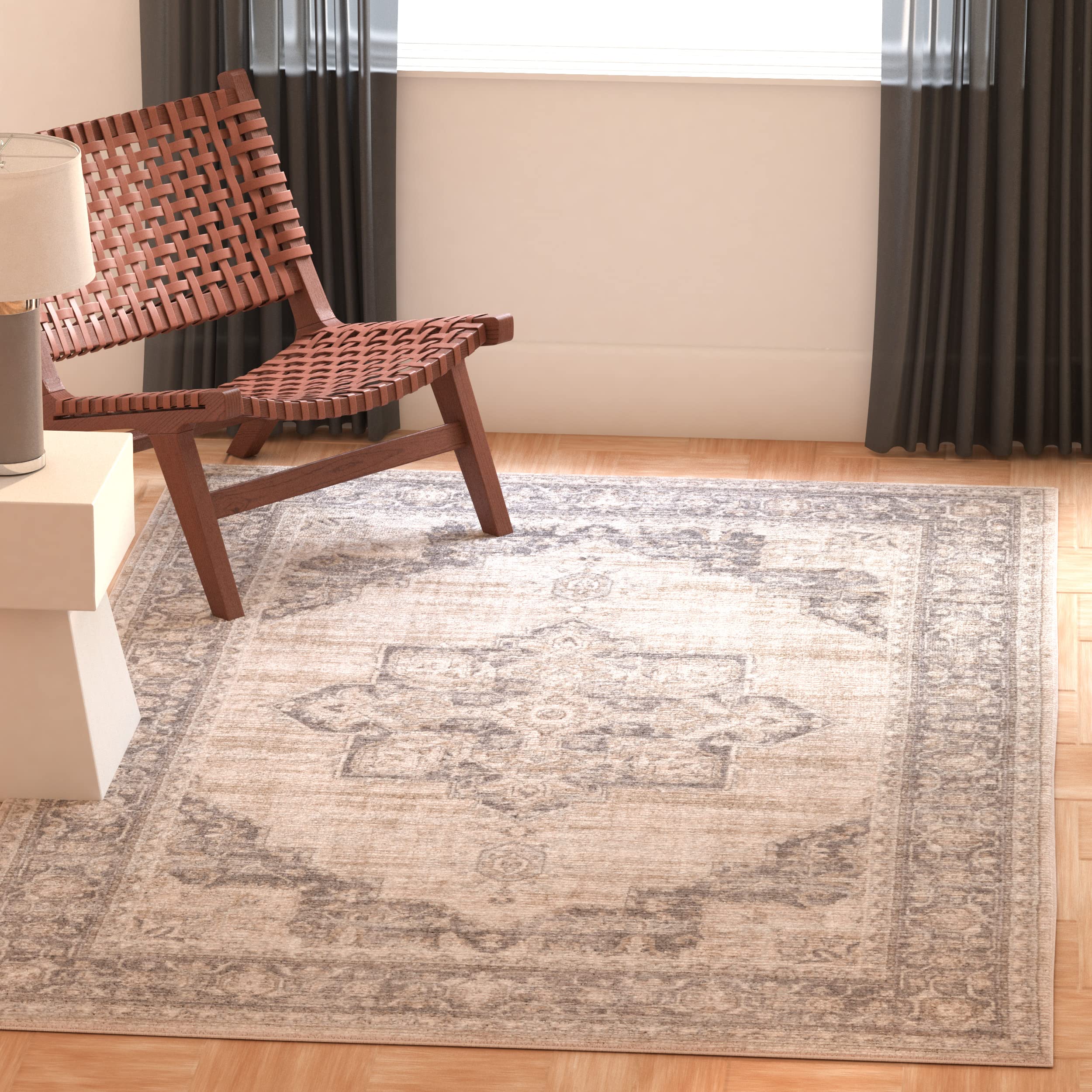 SAFAVIEH Brentwood Collection 4 Square Cream/Grey BNT865B Medallion Distressed Non-Shedding Living Room Bedroom Area Rug