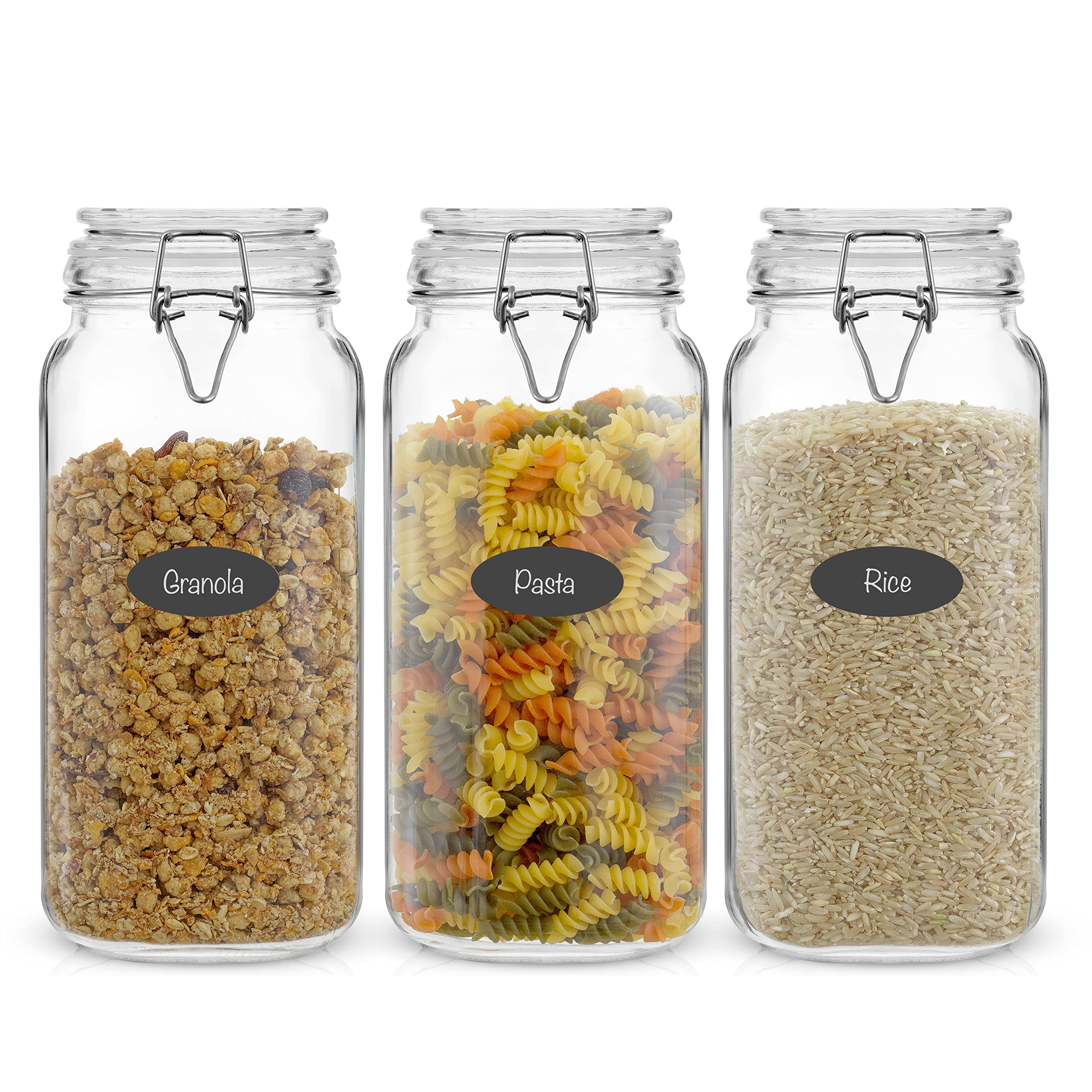 Airtight Glass Jars with Lids Set of 3. 78oz Glass Jar with Lid and 6 Silicone Seals! Large Glass Food Storage Containers. Squar