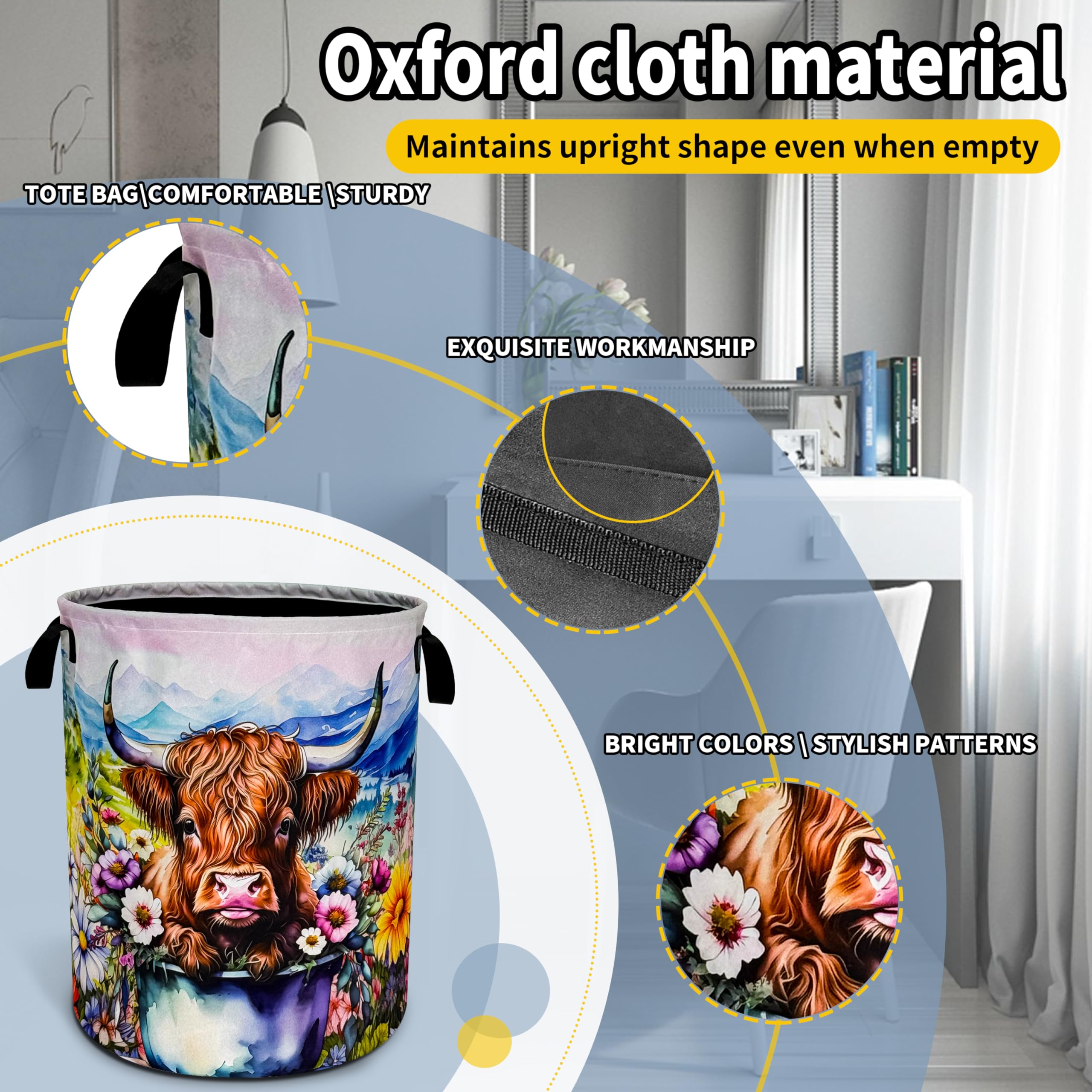 Highland Cow Laundry Basket Colorful Flowers Foldable Oxford Cloth Funny Tote Bag Laundry Hamper Clothes Storage Bucket Toy Orga