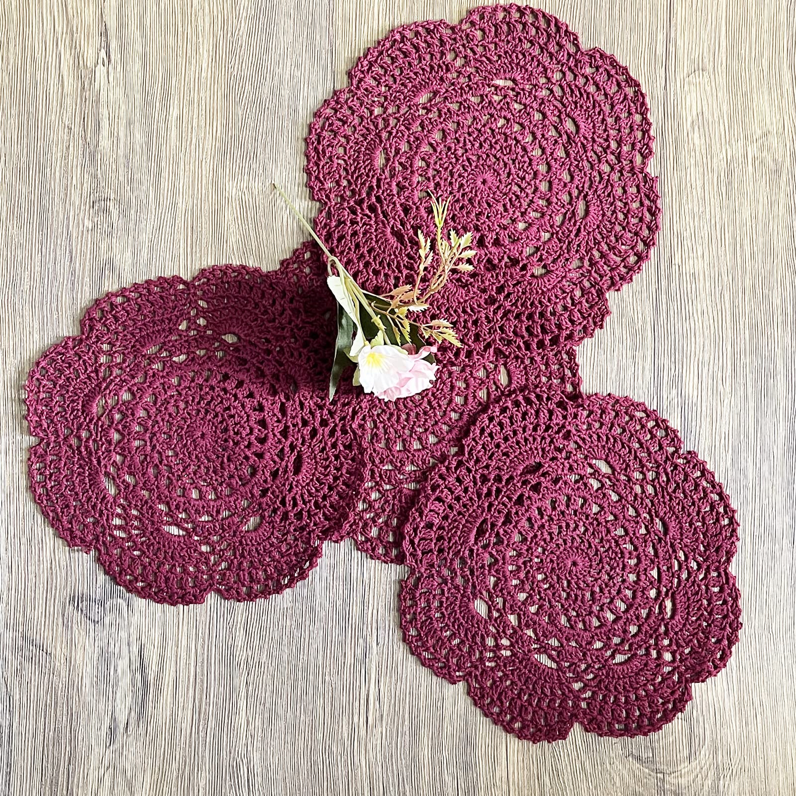 Phantomon 8 Inch Doilies Crochet Round Lace Doily Handmade Placemats 100% Cotton Crocheted Coasters, Pack Of 4 (Burgundy)