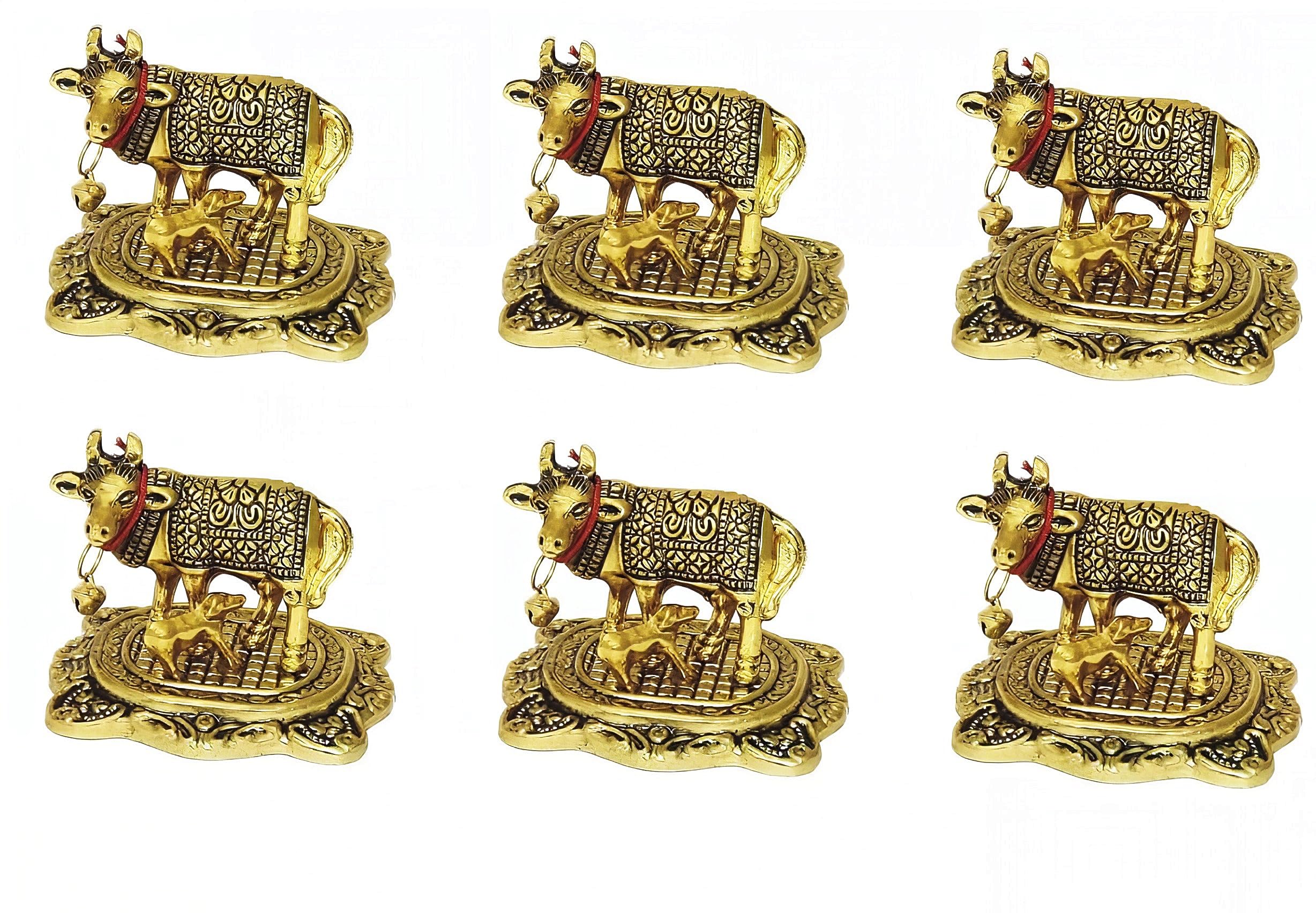 Labhcart Decorative Golden Metal Cow Statue With Bell, 7.6 X 6.4 Cm, Traditional Design,Pack Of 6