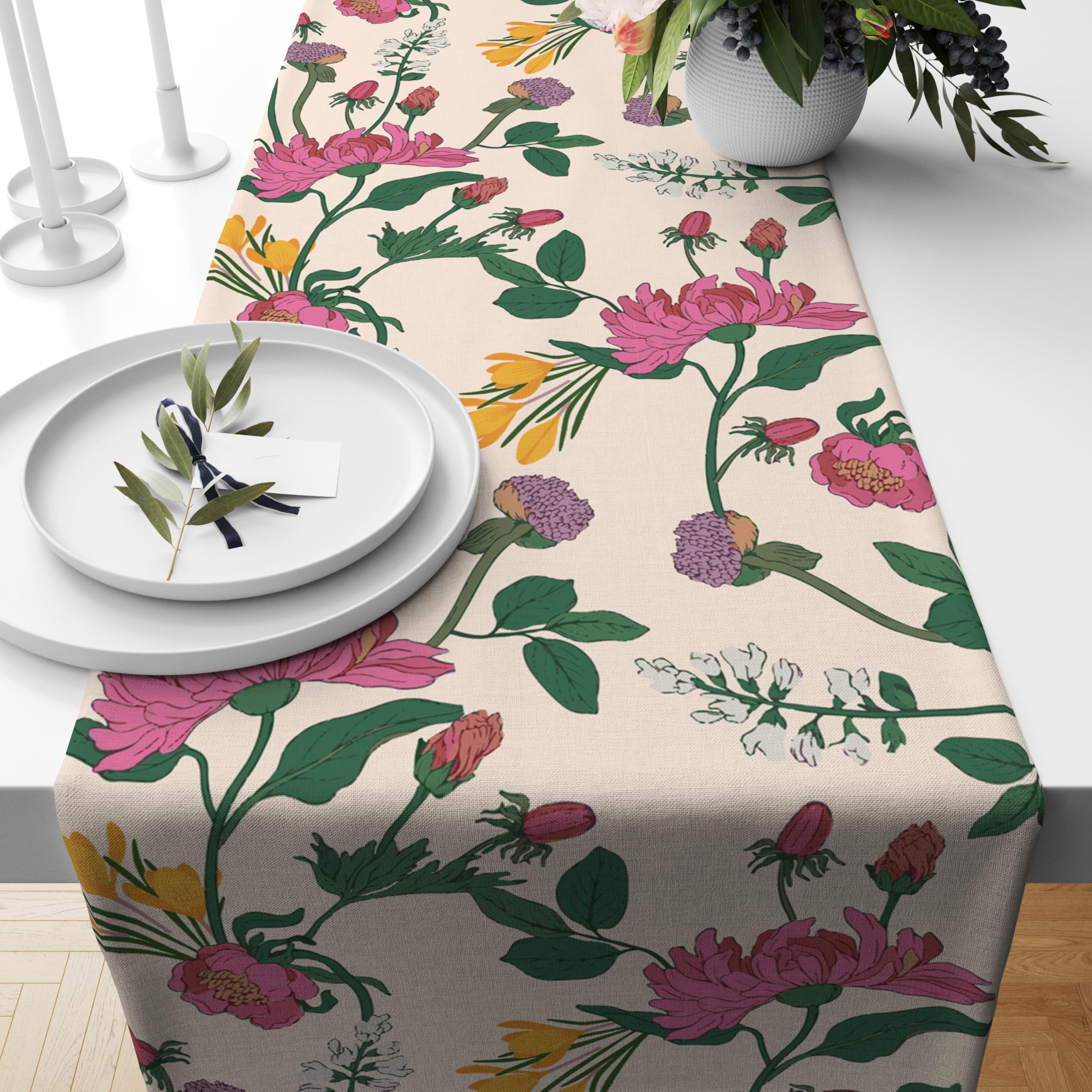 Astitva Cotton Table Runner 13x72 Inches | Pink Floral Table Runner for Dining Table, Wedding, Party & Home Decor | Elegant Cent