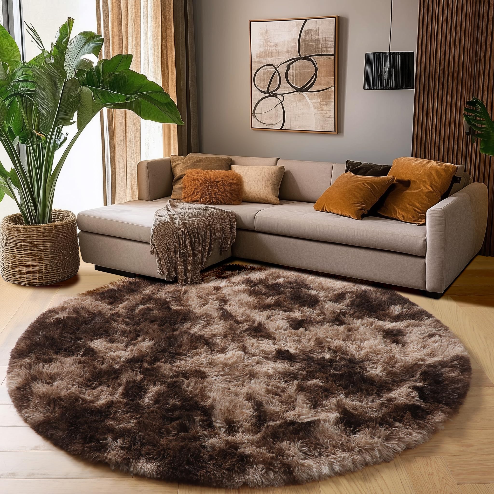 Amdrebio Tie-Dyed Brown Round Circle Rugs 4Ft for Bedroom, Fluffy Shag Plush Area Rugs for Kids Room, Living Room Decor Aestheti